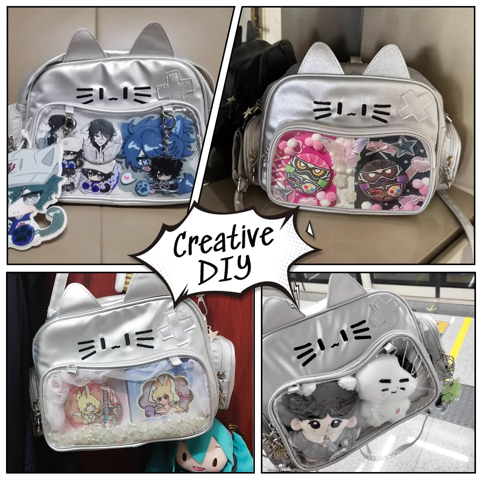 Sac à dos Ita Kawaii,Sac à Bandoulière en Forme de Chat Mignon Polyvalent avec Présentoir à épingles et Insert