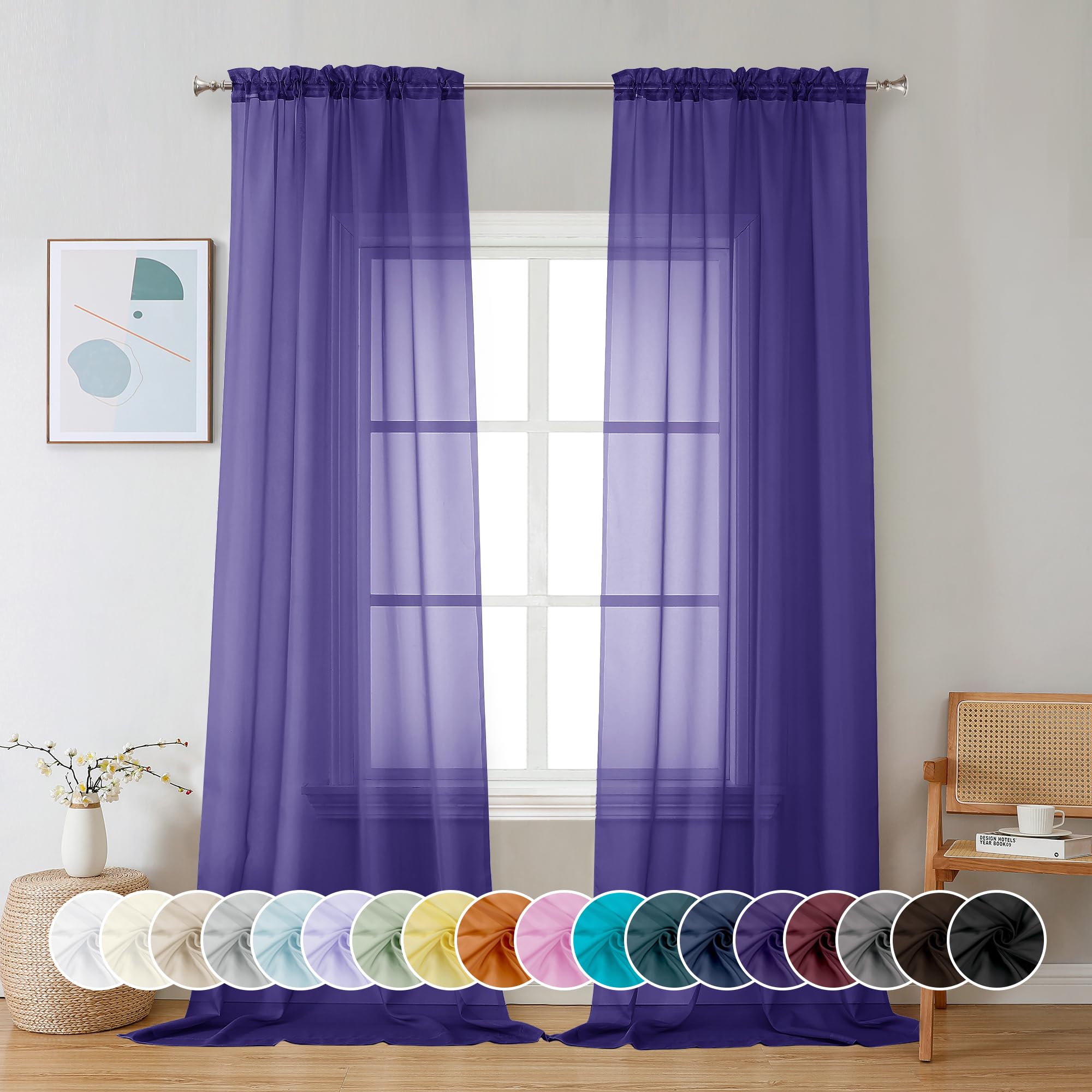 Chyhomenyc Purple Sheer Curtains 96 inches Long 2 Panels, Light Filtering Soft Airy Solid Elegant Voile Window Treatment Drapes for Bedroom Living Room Wedding Party Decor, 42 Wx96 L, 8FT L — image 1