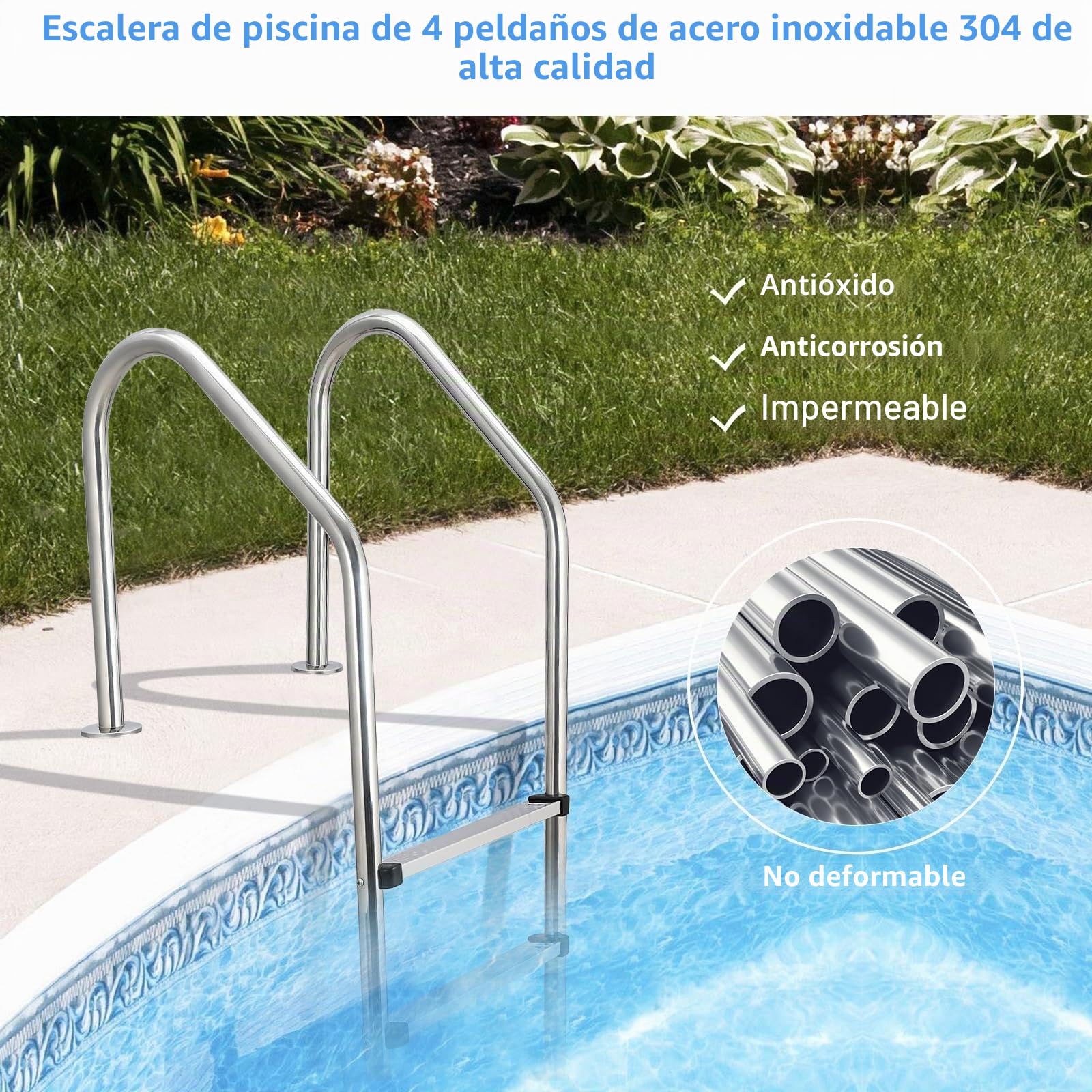 Garvee Escalera de Piscina de 4 Peldaños, Acero Inoxidable 304 de Alta Resistencia para Piscinas Enterradas, Peldaños Antideslizantes con Pasamanos Ergonómico, Soporta 180 kg, Fácil Instalación.