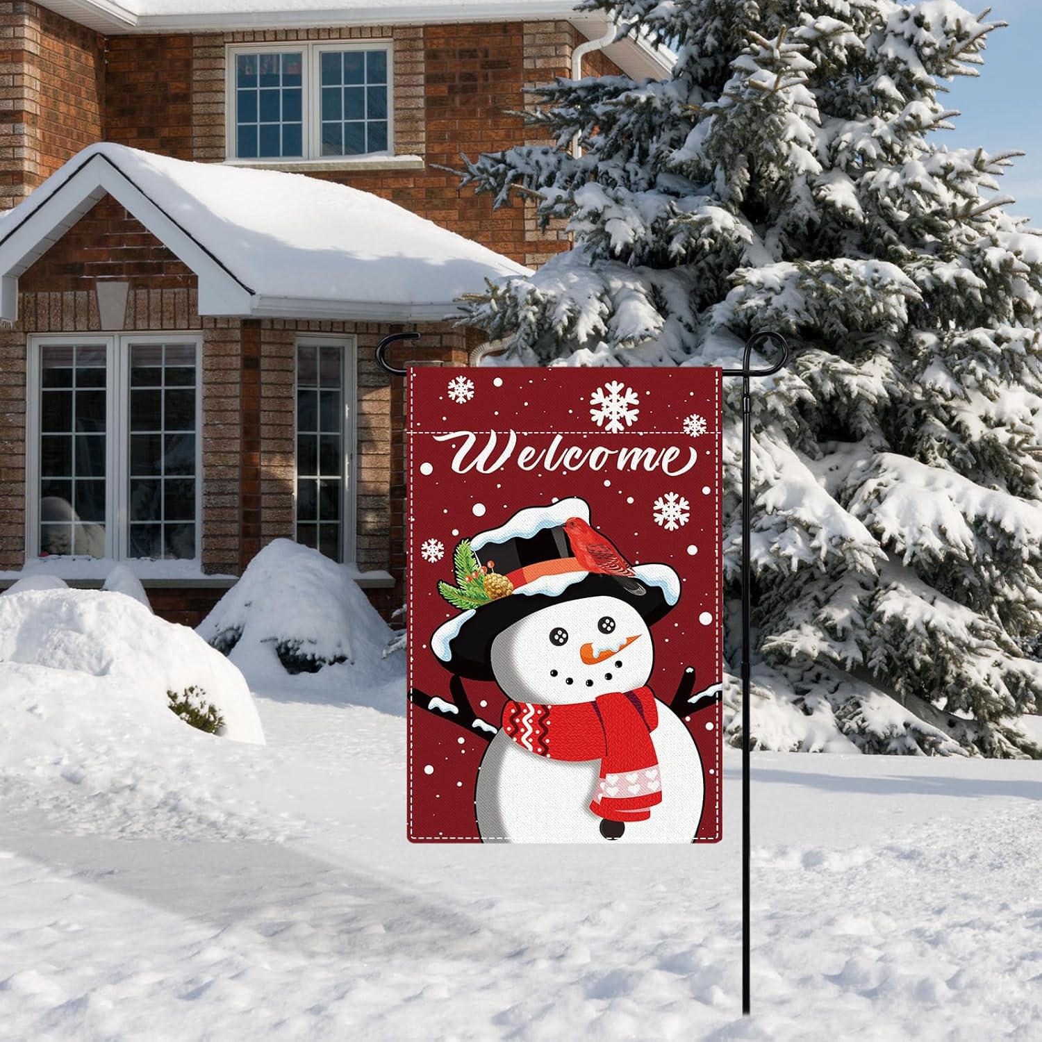 Welcome Christmas Garden Flags for Outdoor Decorations, Double Sided Snowman with Snowflakes Print Red Burlap Yard Flags for Seasonal Holiday Winter Xmas Rustic Farmhouse Outdoor Decor11.8×18.1 Inch - Image 6