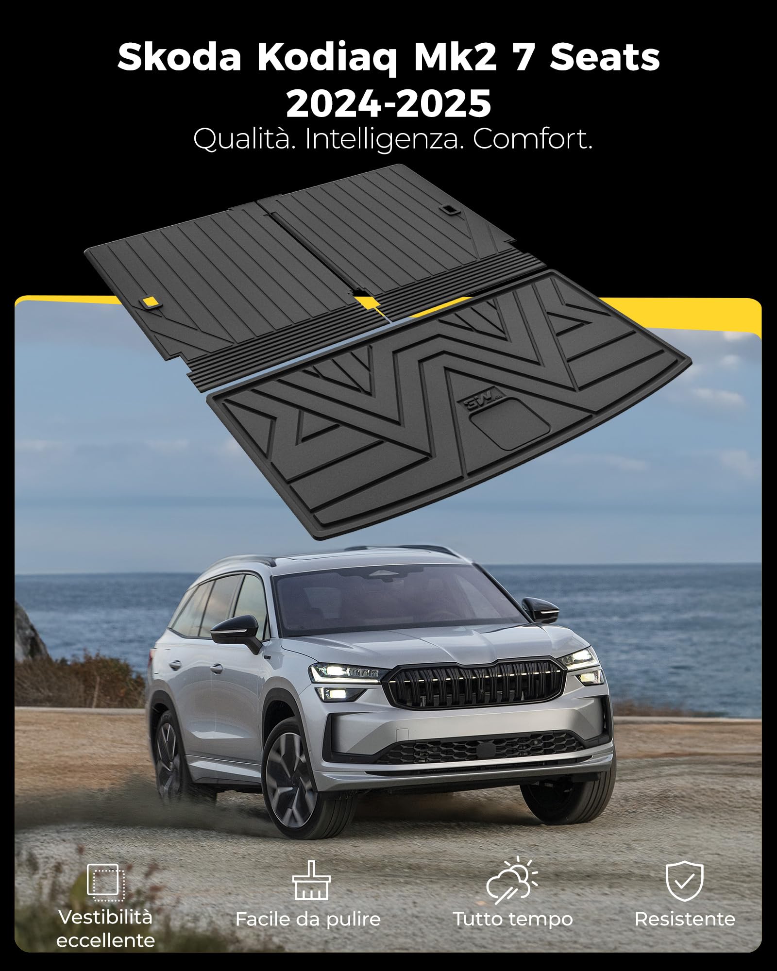 3W Vasca Baule e Tappetini Schienale per Skoda Kodiaq Mk2 7 Posti 2024-2026 | TPE Adattabilità Su Misura, Protezione Bagagliaio per Tutte le Stagioni, Impermeabile e Facile da Pulire