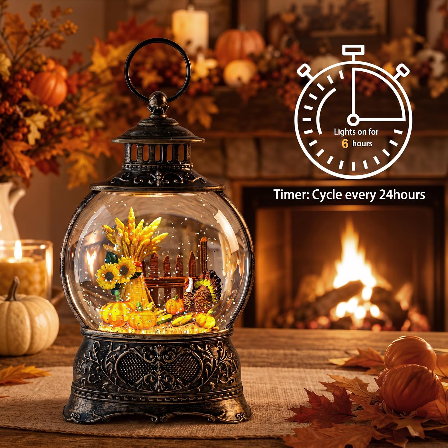 Christmas Fall Snow Globes Thanksgiving Water Lantern Swirling Glitter Snow Globe for Autumn Harvest Day Decorations Home Fall Decor Gifts (Turkey & Pumpkins)