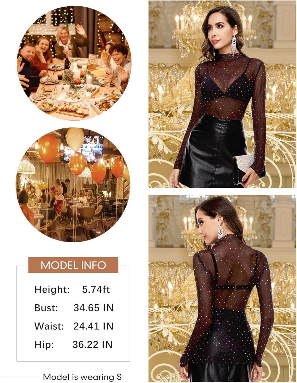 BBX Lephsnt Womens Sheer Mesh Layering Top Sparkle Long Sleeve Shirts Mock Neck See Through Tee Shirt - Image 5