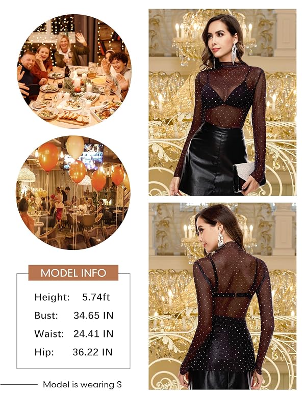 BBX Lephsnt Women Sheer Lace Top See Through Mock Neck Mesh Shirts Night Out Blouse Clubwear Black by BBX Lephsnt - Image 9