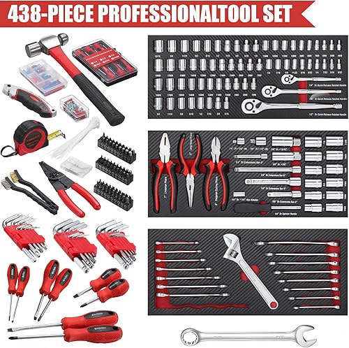 Vista 2 de Juego de herramientas mecánicas de 438 piezas con caja de metal resistente de 3 cajones, kit de herramientas de reparación -02