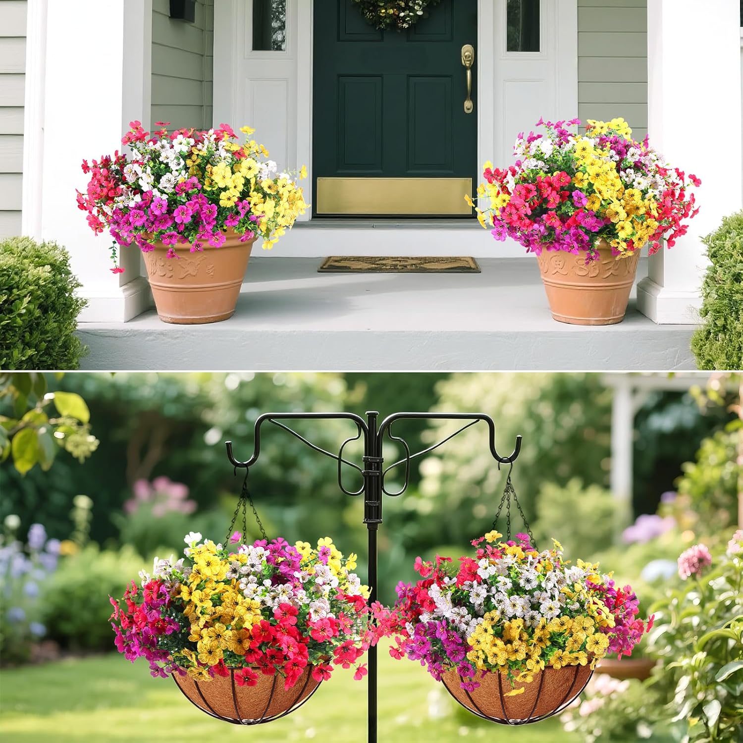 2 Set Outdoor Artificial Hanging Baskets, 32 Pcs Artificial Flowers Hanging Planters for Spring Summer Front Porch Patio Yard Garden Home Decor (Purple, Yellow, Hot Pink, Creamy White) - Image 6