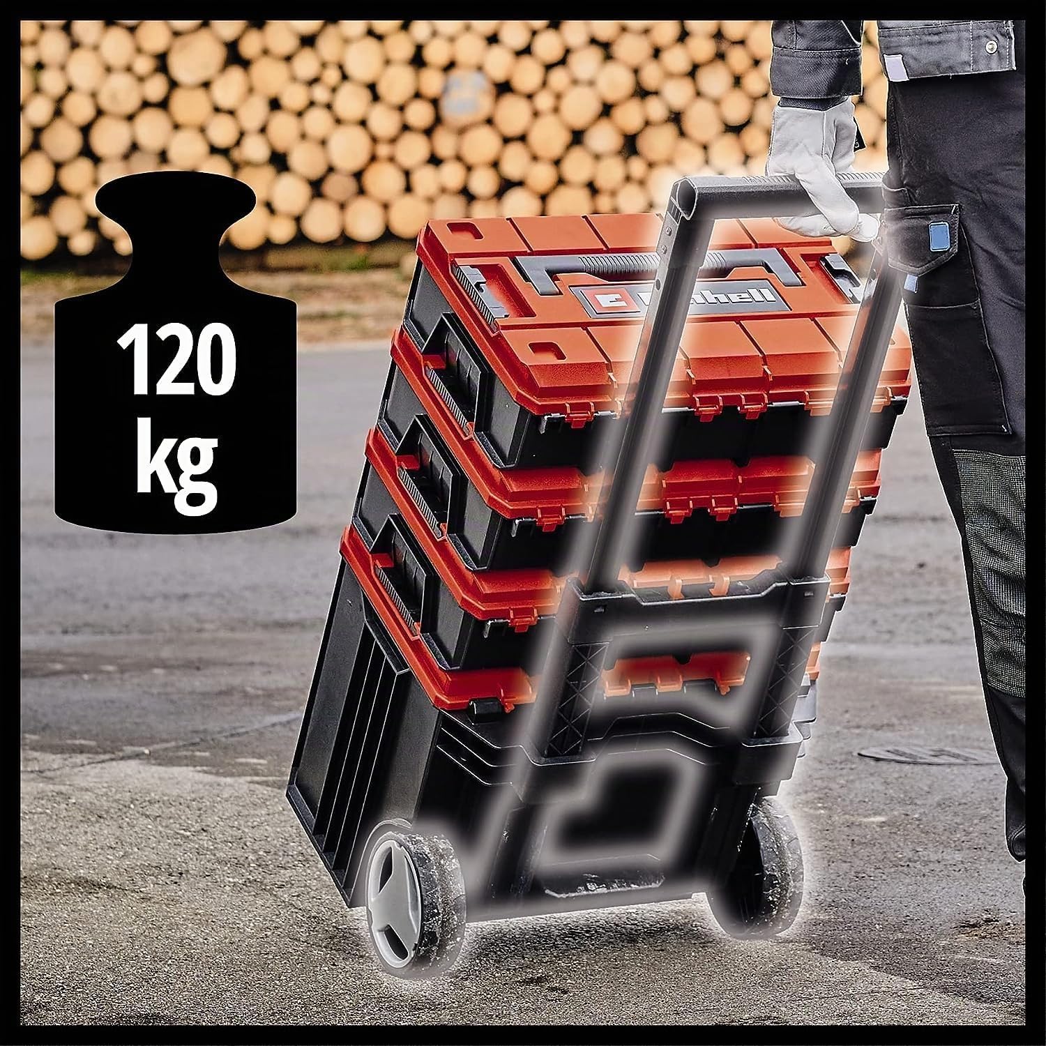 Einhell Original E-Case L con ruote | Sistema E-Case | Dimensioni 44 x 40 x 36 cm | fino a 120 kg | resistente agli spruzzi d’acqua | impilabile | collegabile