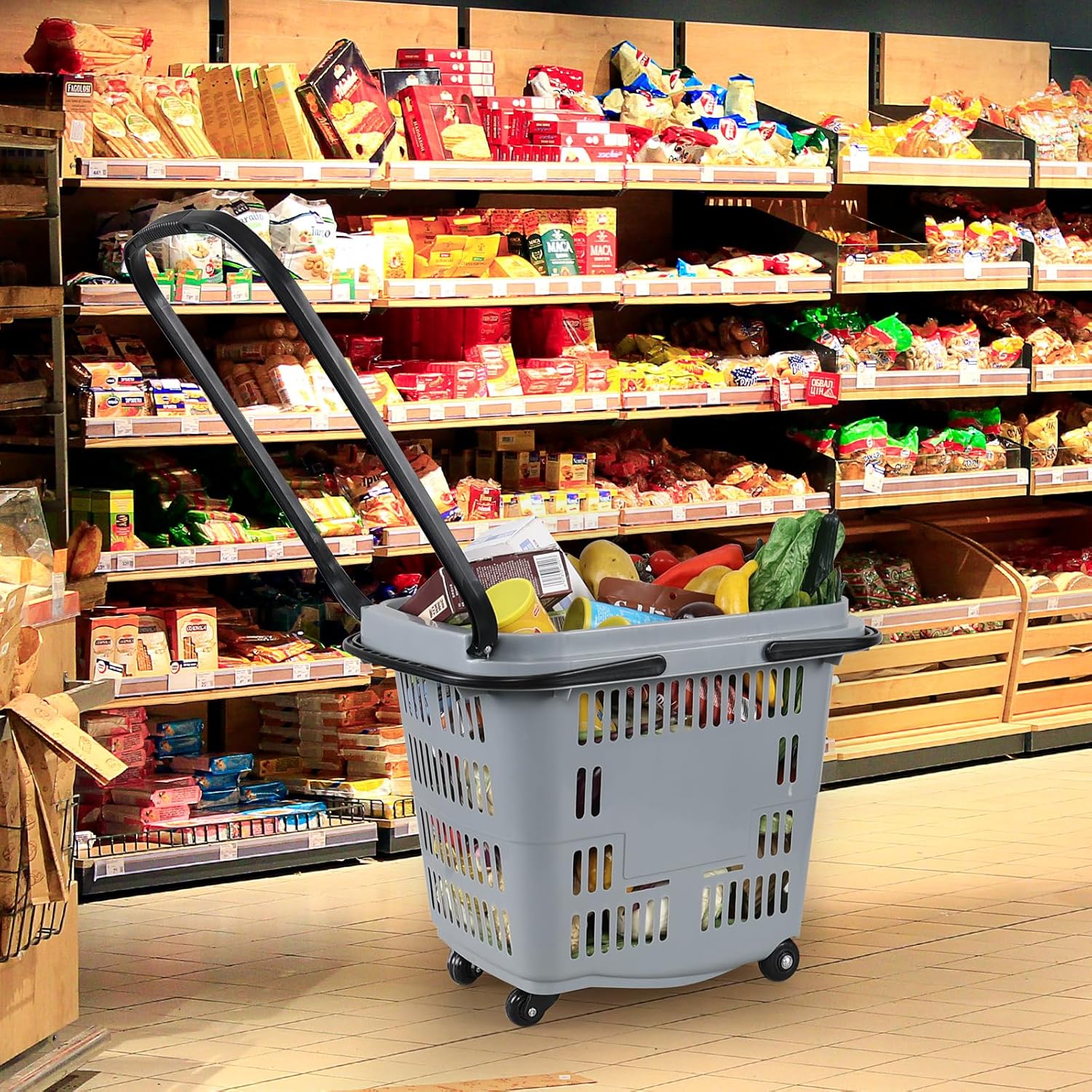 Readsky 4-Pack Large Plastic Rolling Shopping Basket with Handles, 50 L Shopping Basket with Wheels for Supermarkets Retail Stores, Gray