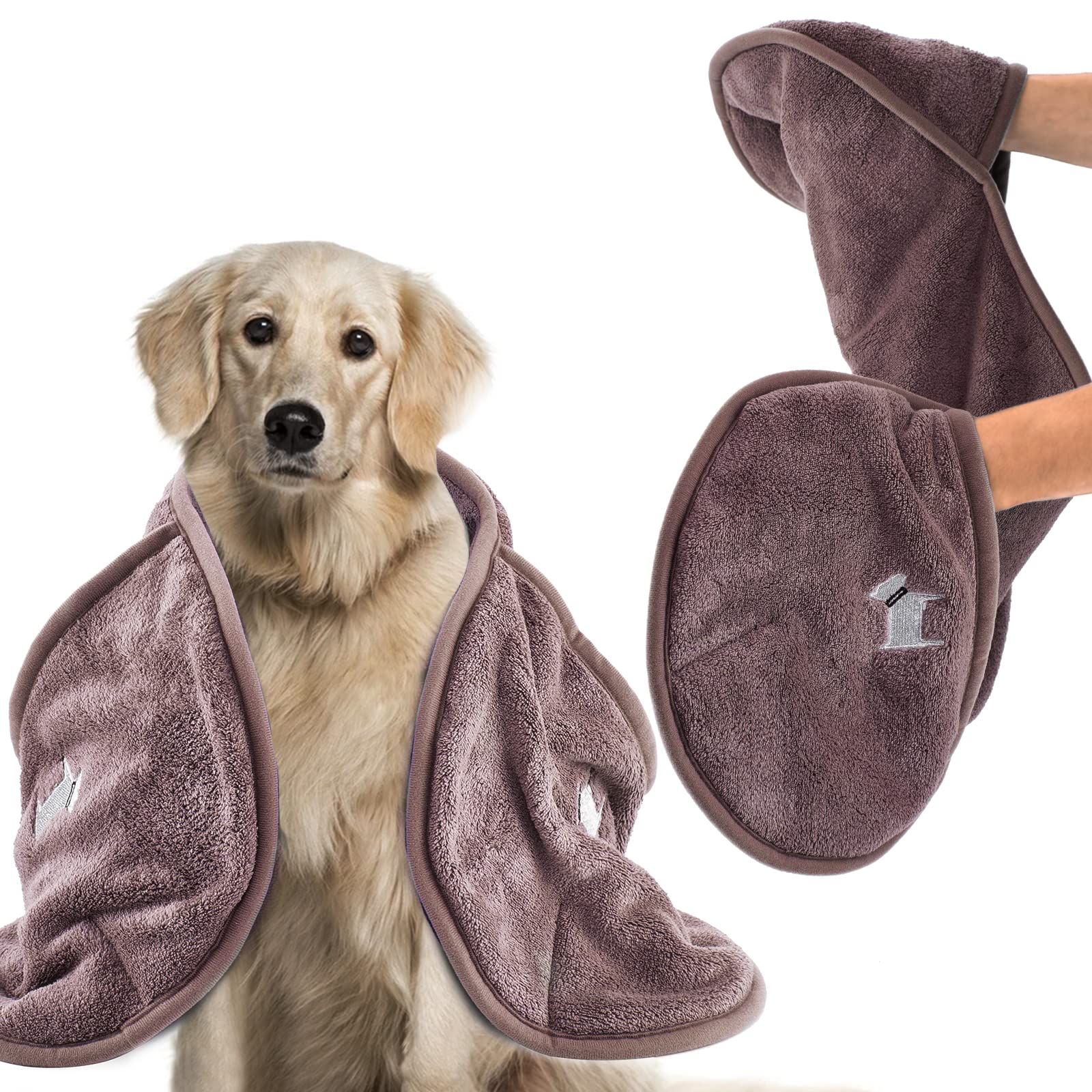 UJCLIFE Microfiber Pet Grooming Towel with Hand Pockets，Japanese Design，Japanese Quality，Super Absorbent Quick Drying Pet Bath Towel，Easy to Clean，Machine Washable Towel(Small,28x11, Brown)