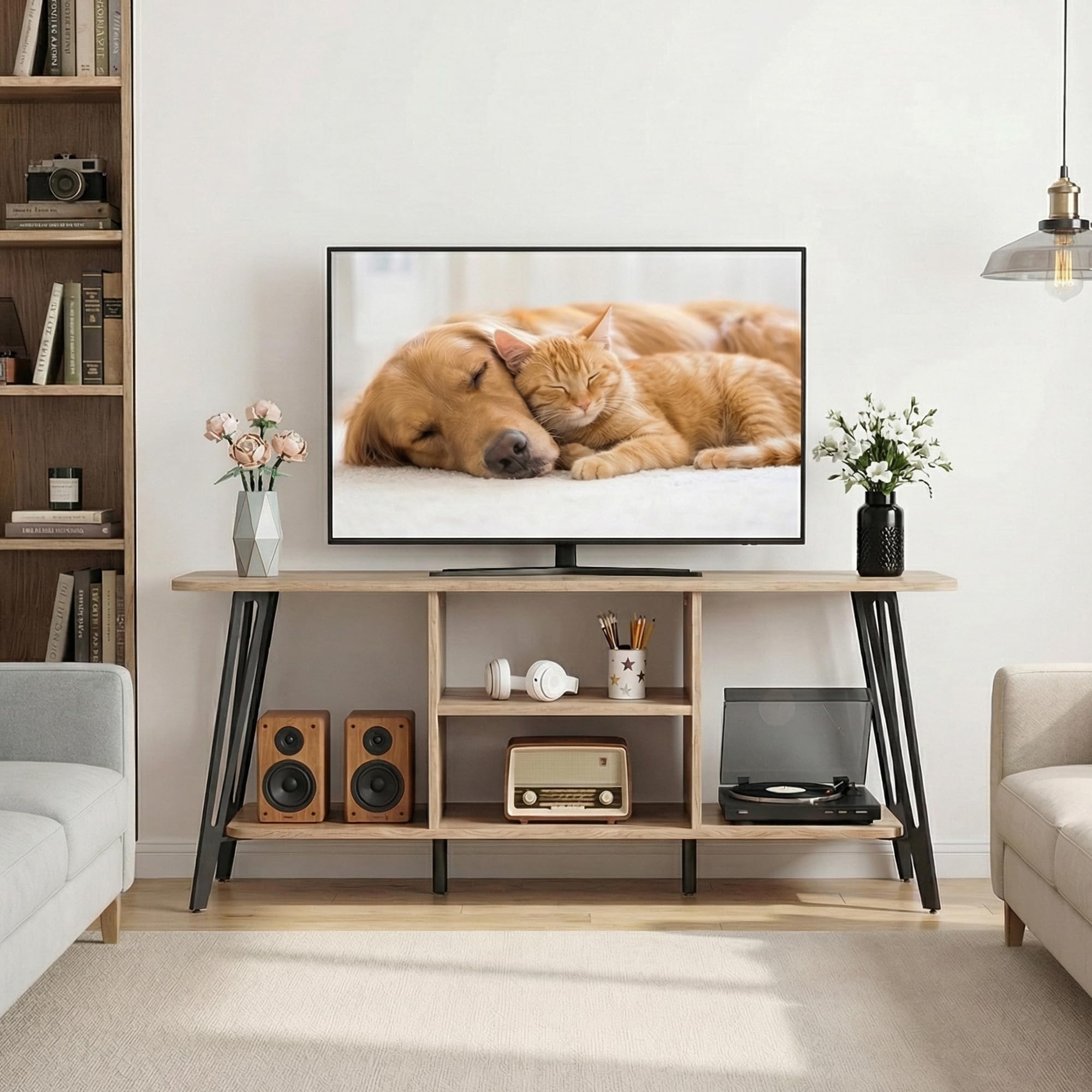 Manora Mueble de TV Moderno Industrial, Mesa de TV para hasta 55 Pulgadas, Mueble TV Salon con Compartimentos Abiertos, Mueble Television para Salon, Dormitorio, 120 x 35 x 52 cm, Roble