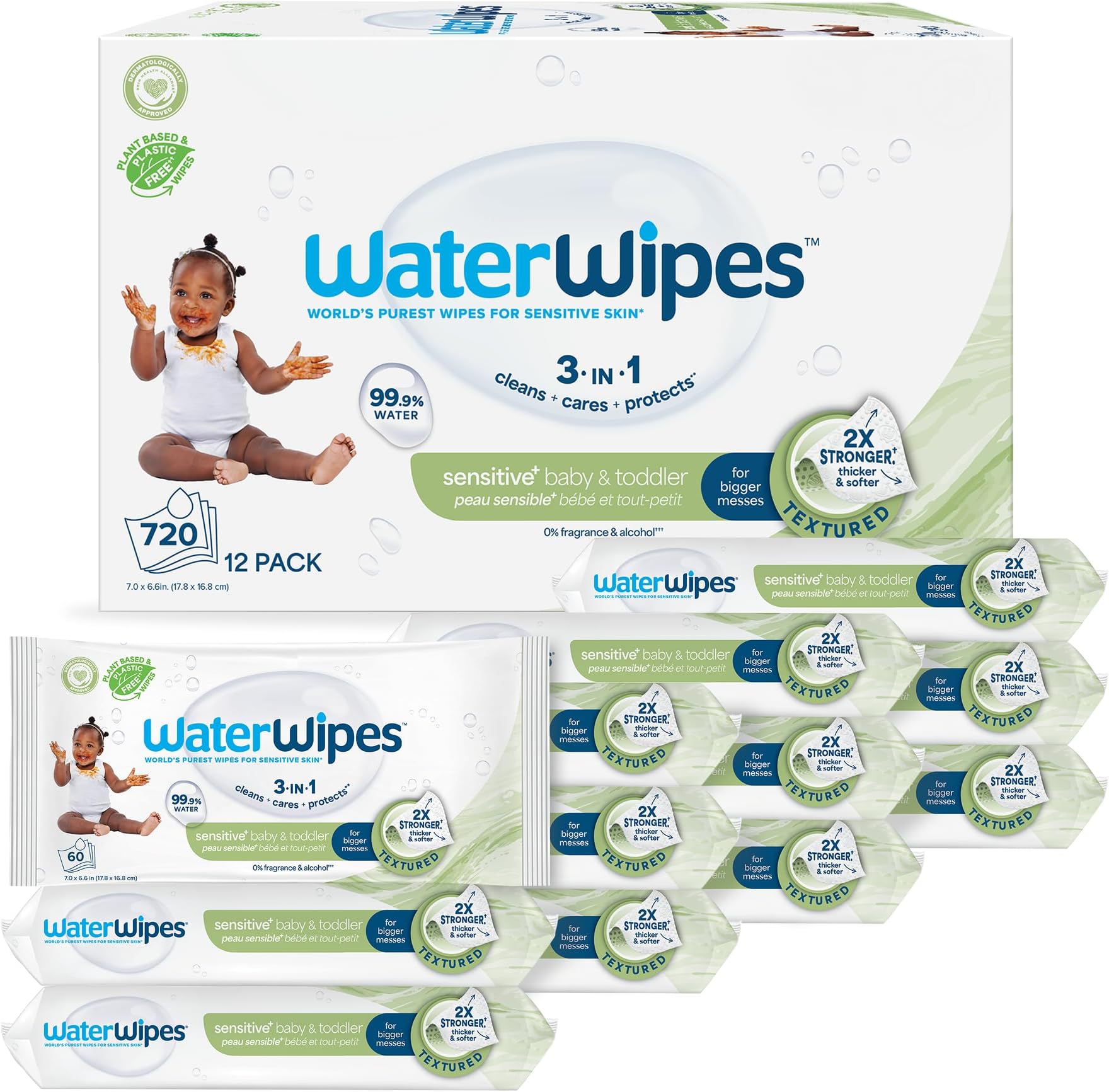 Sensitive+ Baby & Toddler Wipes, 3-In-1 Cleans, Cares, Protects, 99.9% Water, Textured Clean, Unscented & Hypoallergenic, 720 Count (12 Packs)