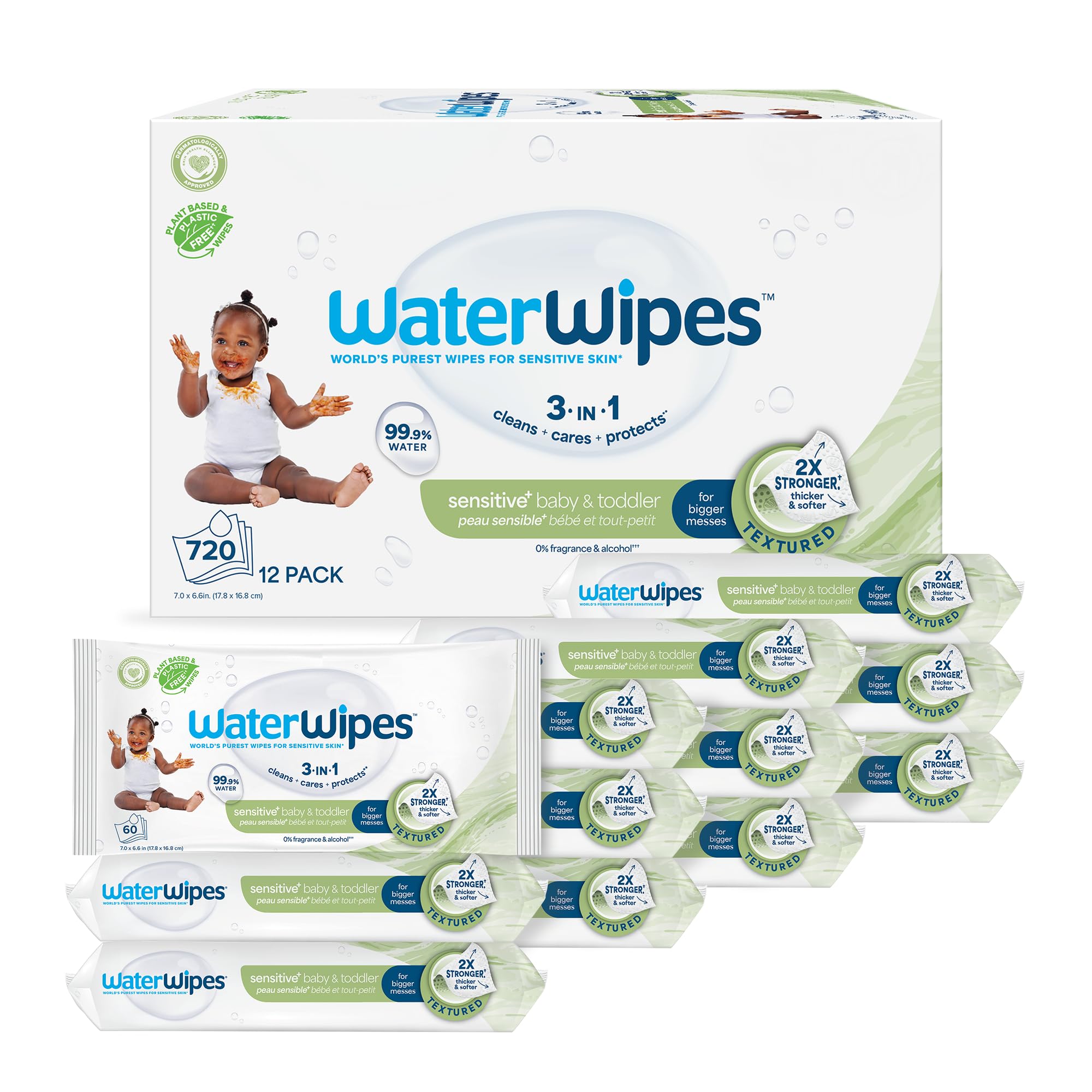 WaterWipes Sensitive+ Baby & Toddler Wipes, 3-In-1 Cleans, Cares, Protects, 99.9% Water, Textured Clean, Unscented & Hypoallergenic, 720 Count (12 Packs)