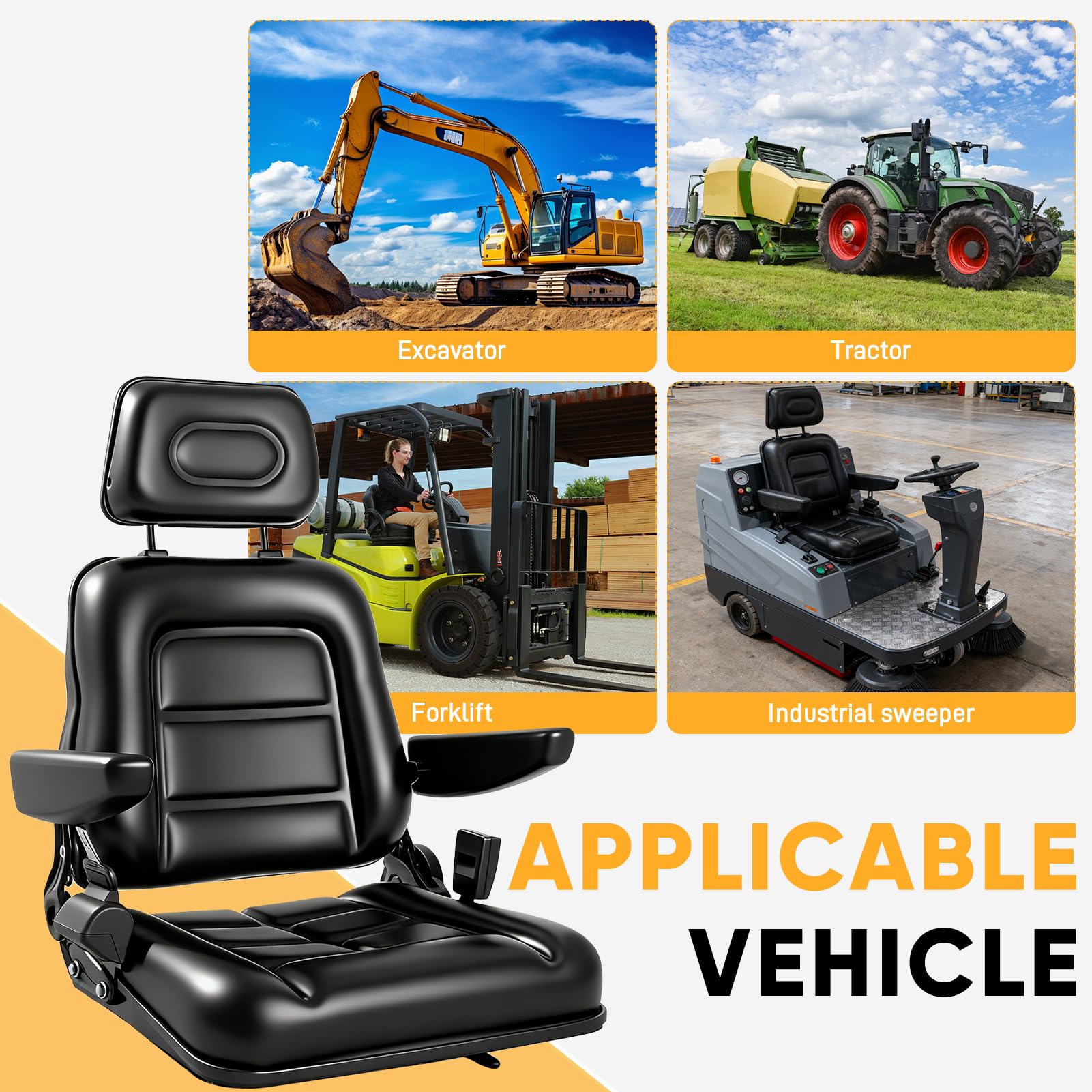 Universal Gabelstaplersitz,Traktorsitz mit Arm- und verstellbarer Rückenlehne,wasserdichter PU-Mähersitz, für Traktor Bagger, Gabelstapler, Kompaktlader