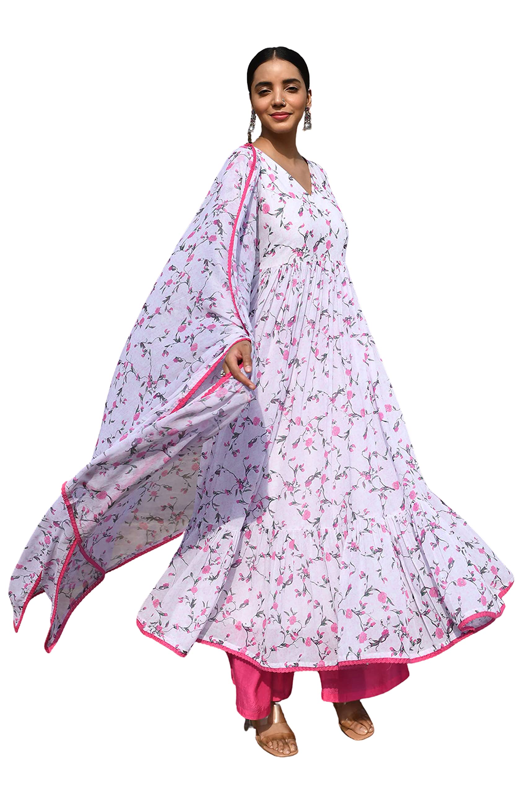 JanasyaIndian Women's White Georgette Floral Print Kurta with Flared Palazzo and Dupatta