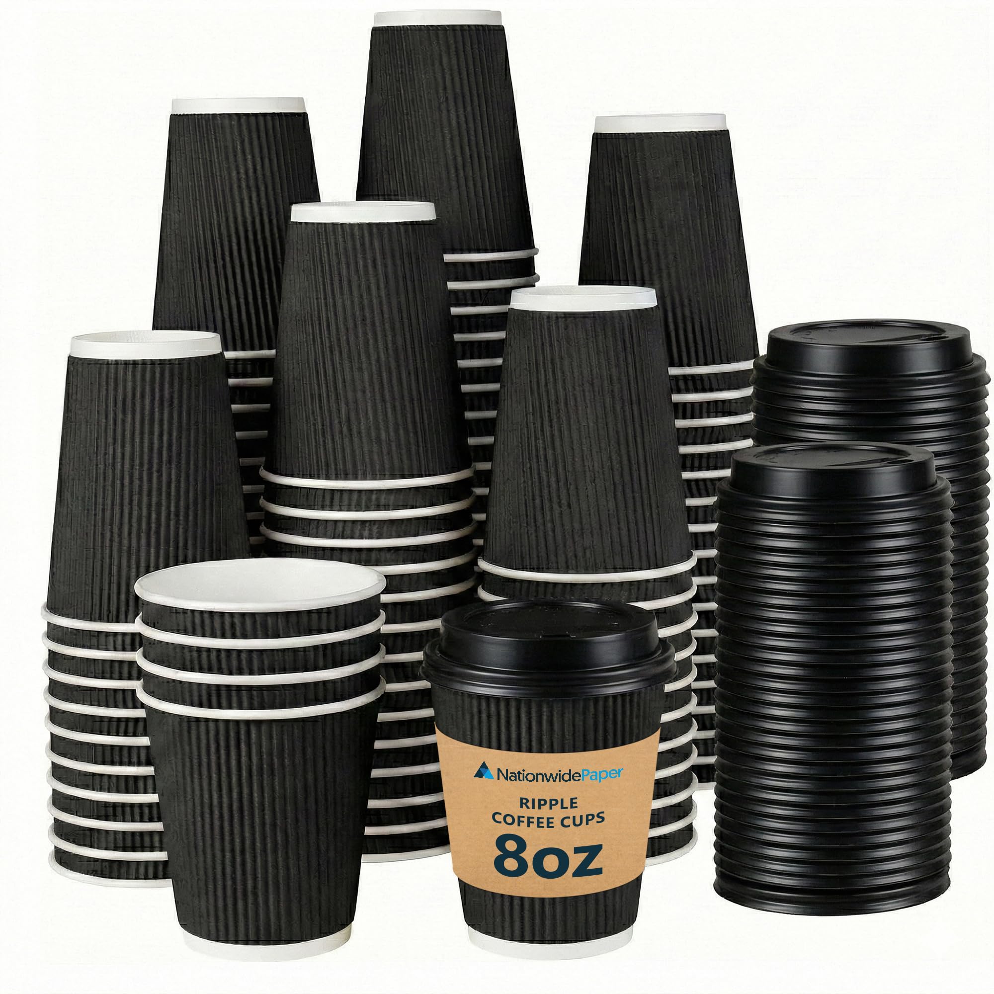 Nationwide Paper 8oz Triple Wall Ripple Paper Cups with Lids Black Insulated Disposable Takeaway Coffee Cups for Hot Drinks, Tea, Cappuccino & Espresso, Recyclable Catering Tableware (Case of 400) โ image 1