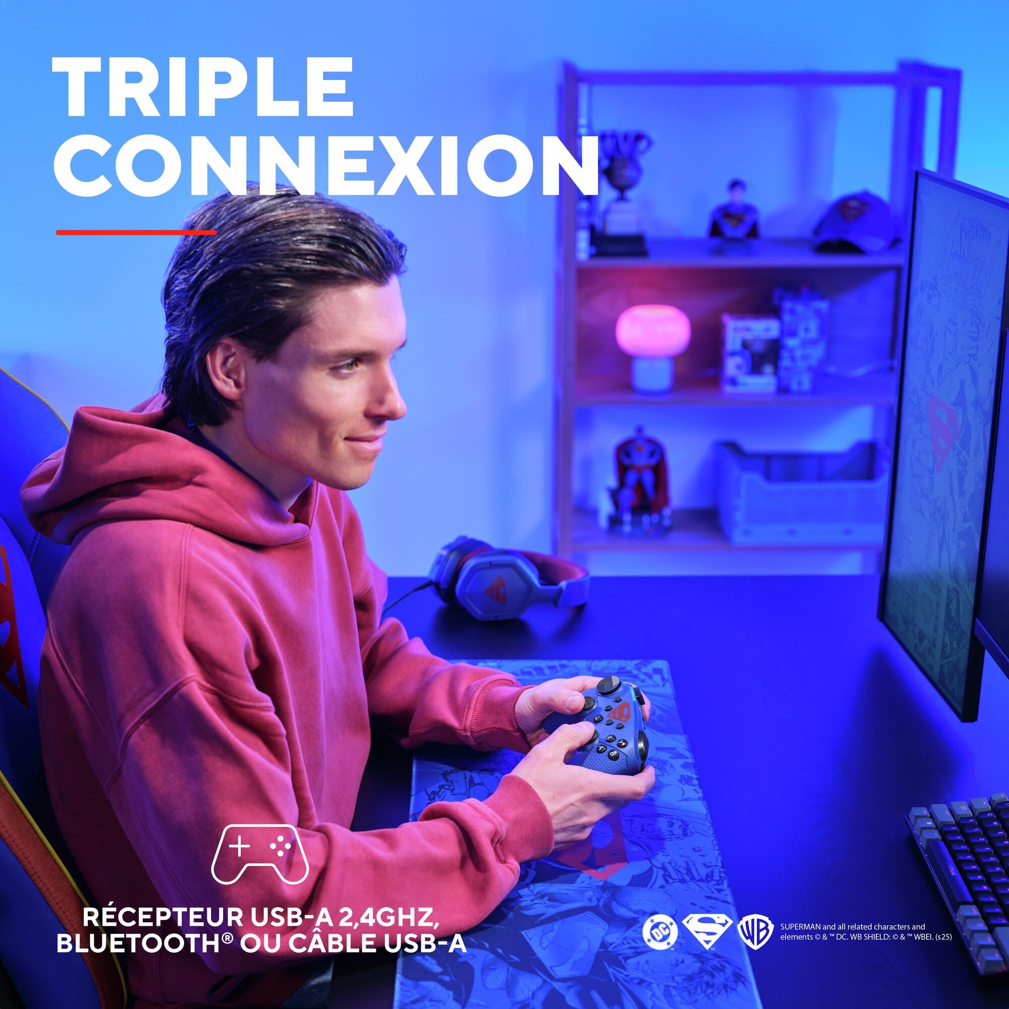 GXTrust 542SM Muta Manette Switch & PC sans Fil Licence Superman Bluetooth / 2.4GHz / USB, Batterie Rechargeable, Contrôleur de Jeu Nintendo Switch OLED/Lite iOS Android Consoles Windows, Bleu