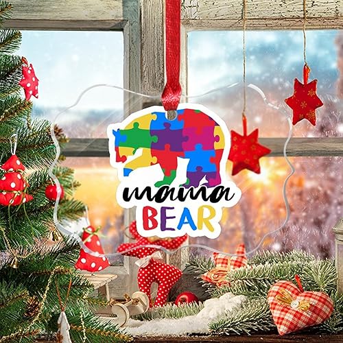 Adorno de Navidad Mama Bear Novedad Acrílico Adornos de Navidad Mama Bear Autismo Rompecabezas Colorido Oso Navidad Colgante Ornamento Puzzle Piezas