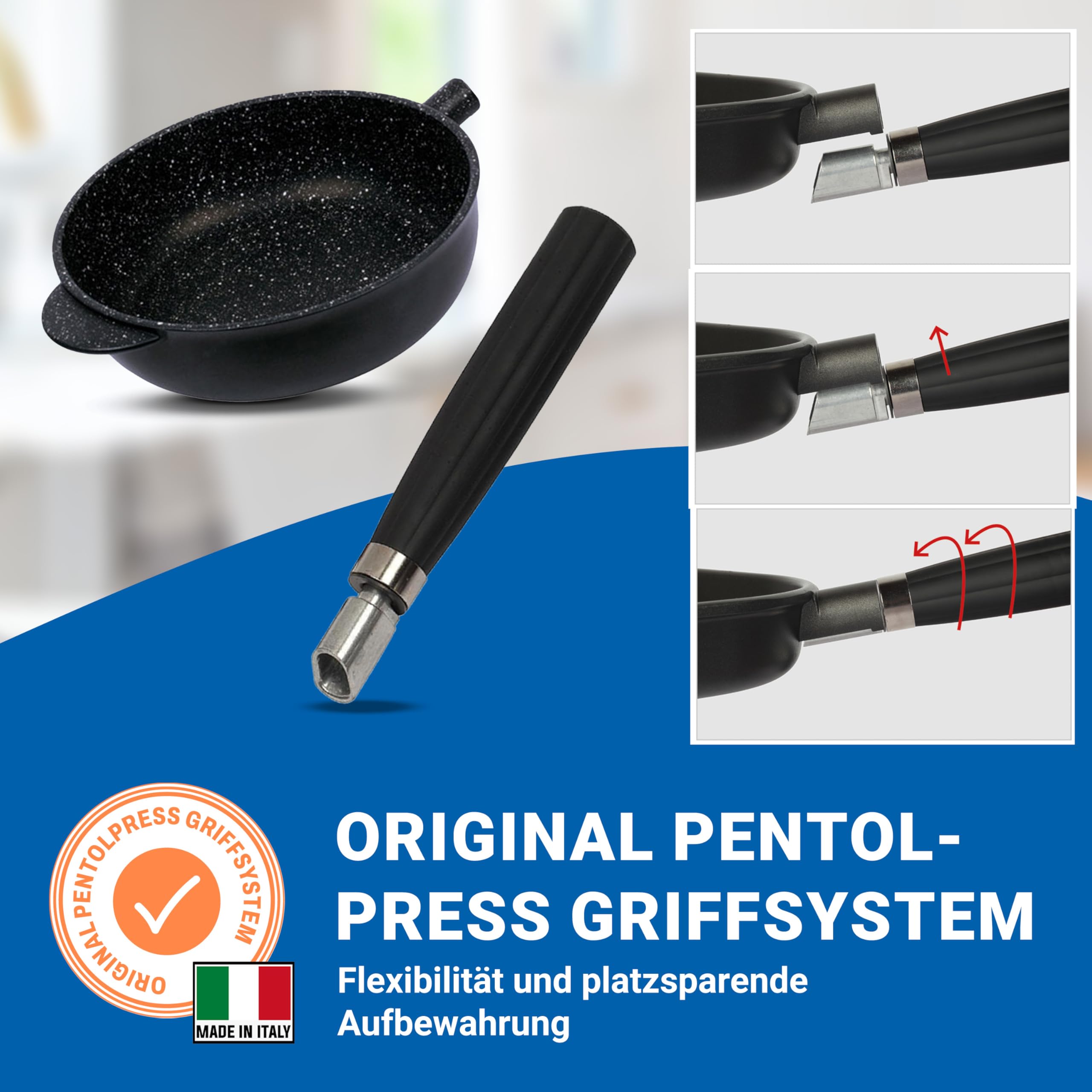 pentolpress Granit Tiefe Pfanne (28 cm Durchmesser) – Pfanne Induktion – super kratzfeste Induktionspfanne – Antihaft Bratpfanne made in Italy – Pfannen mit abnehmbarem Griff