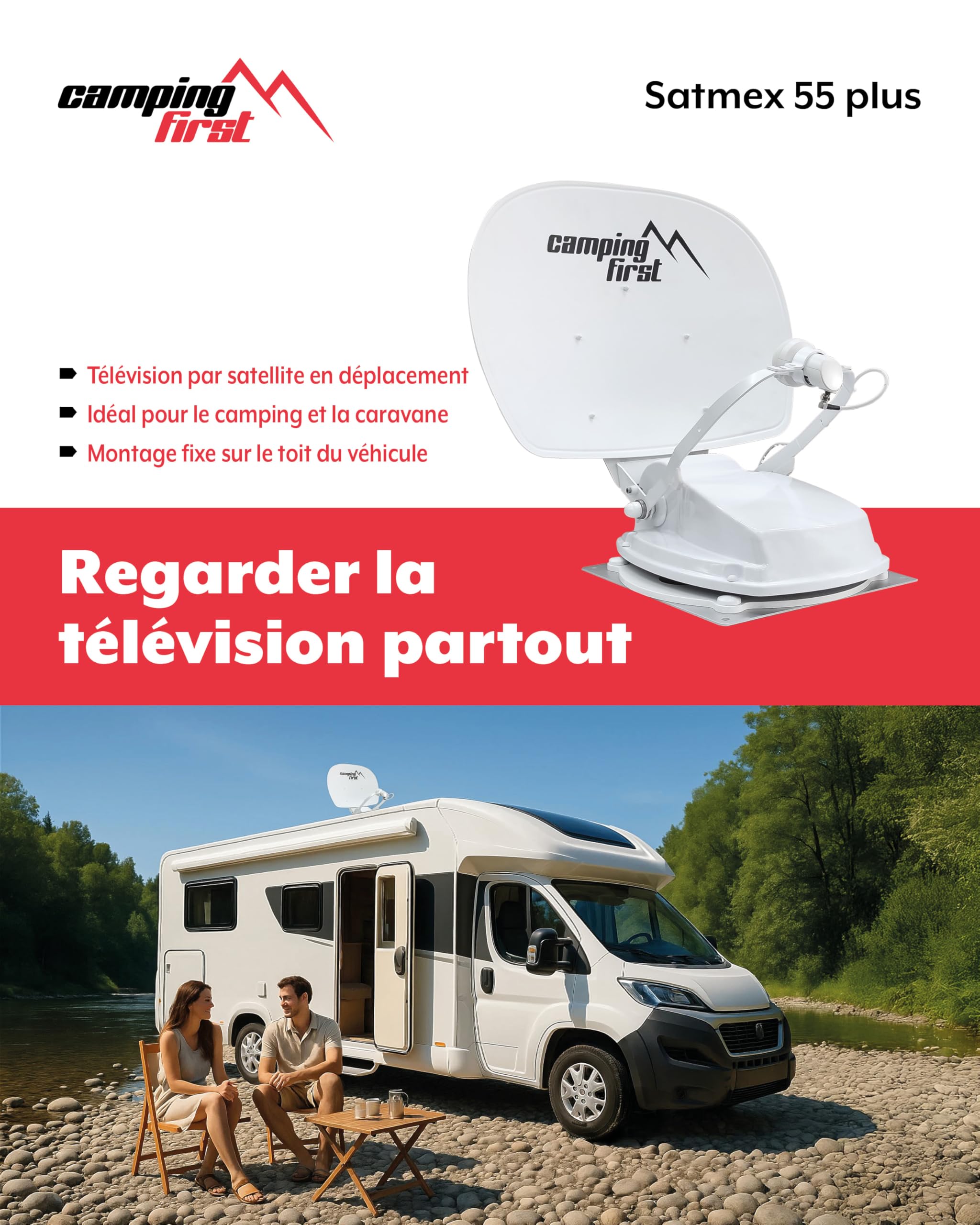 Satmex 55 Plus – Antenne Satellite Automatique – Blanc | Montage sur camping-car, seulement 16 cm de hauteur, Bluetooth, grande portée de réception