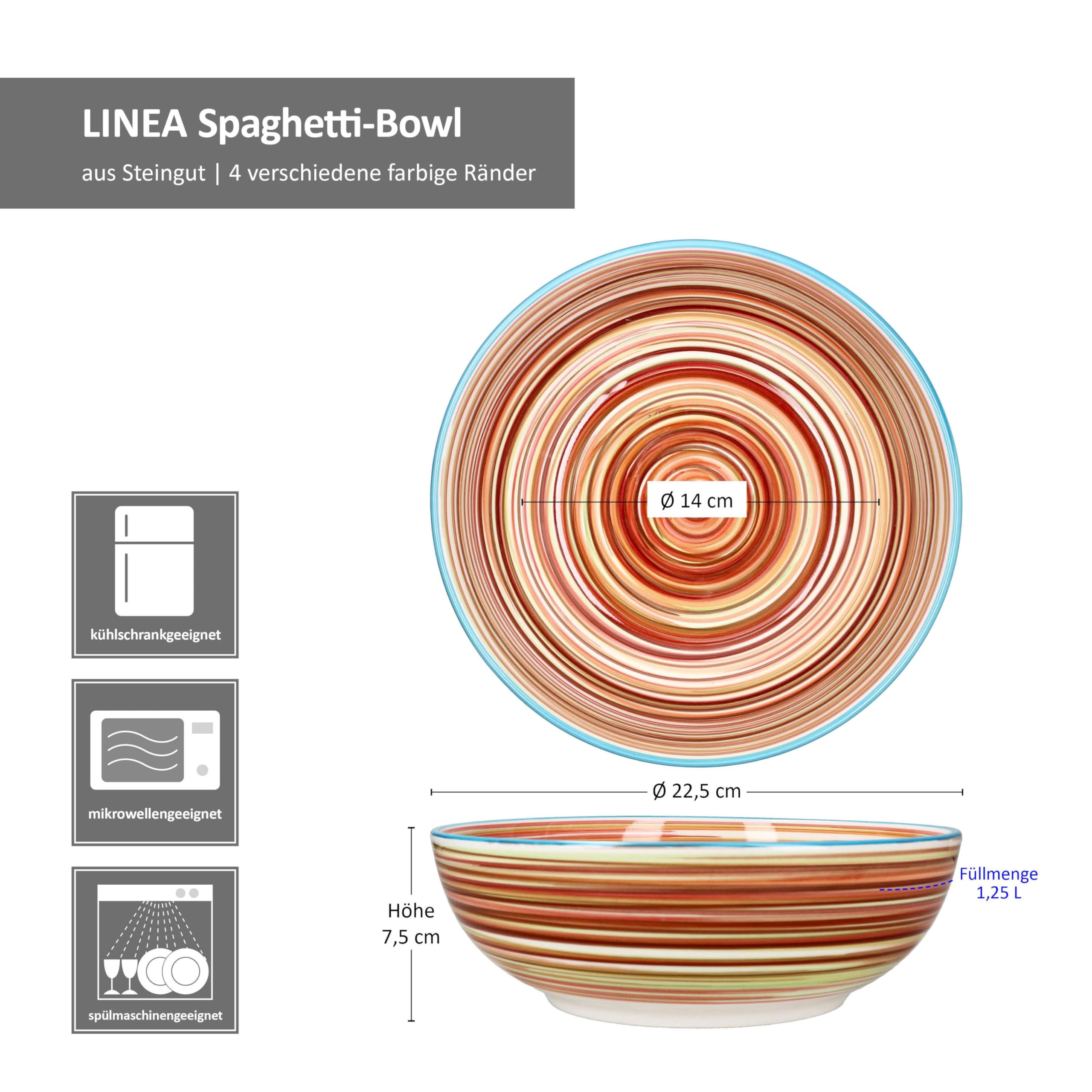 MamboCat Linea - Lot de 4 bols à spaghetti profonds - Diamètre : 22,5 cm - 1,25 l - Assiettes à pâtes méditerranéennes rayées avec 4 bords colorés - Pour 4 personnes - Vaisselle en faïence