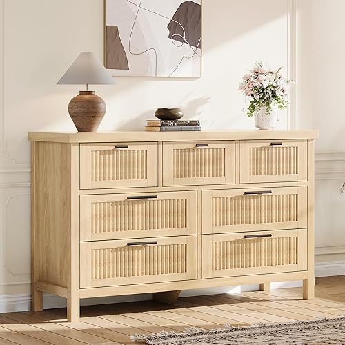 GarveeHome Fluted 7 Drawer Dresser for Bedroom, 47.4 in Wide Mid Century Modern Chest of Drawers, Wooden Fluted Dresser Chest with Clothes Storage Cabinet, Organizer for Bedroom, Living Room, Natural