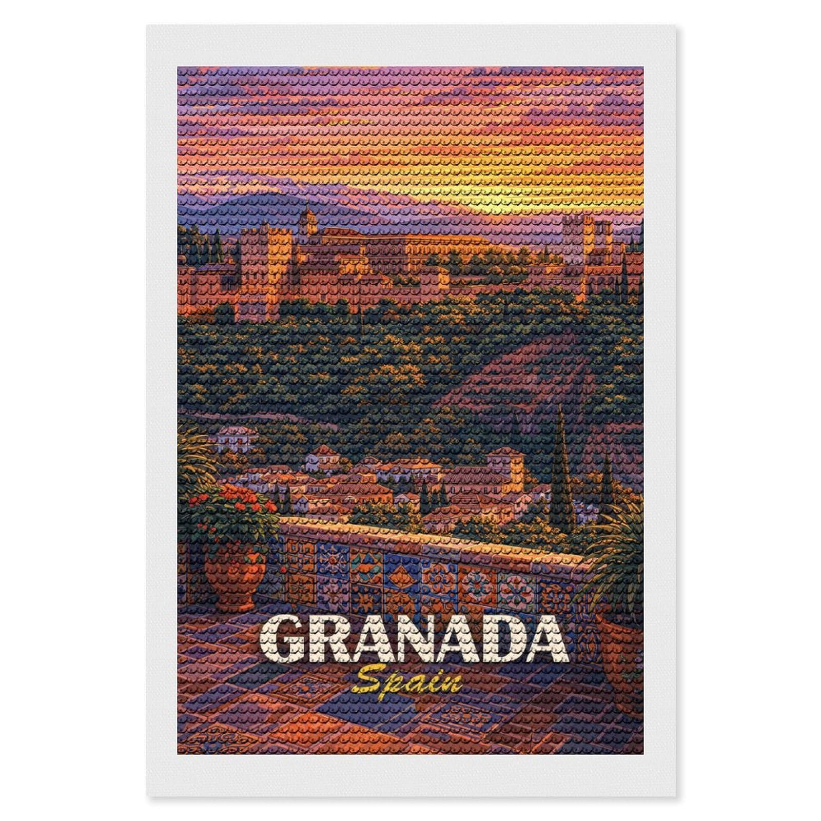 Junmoney Granada Spain Alhambra Sunset Crystal Diamond Art Kit 8"x12", Round Gems, Detailed Printed Canvas, Creative Gift Idea, Vintage Style Decor