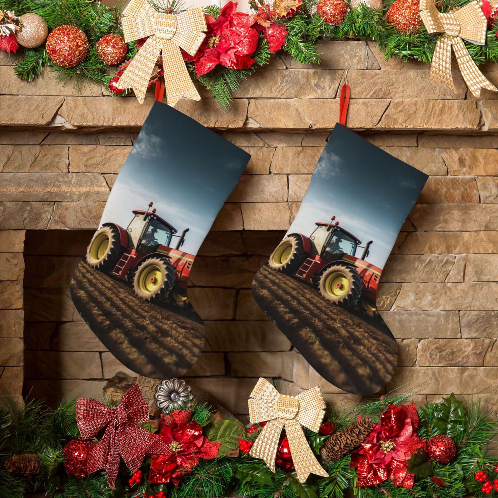 KLOPH Christmas Stockings 18" Personalized Xmas Stocking Tractor Farm Decoration Stocking Hanging Fireplace Stocking for Holiday Xmas Tree Christmas Fireplace Decor