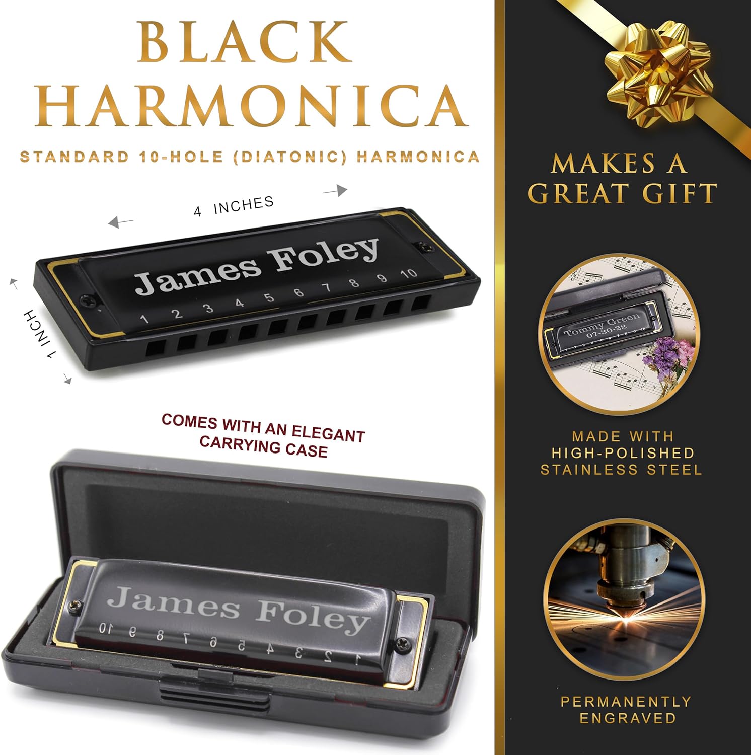 My Personal Memories Custom Engraved Black Harmonica - Ring Bearer Kids Birthdays - Customized and Personalized