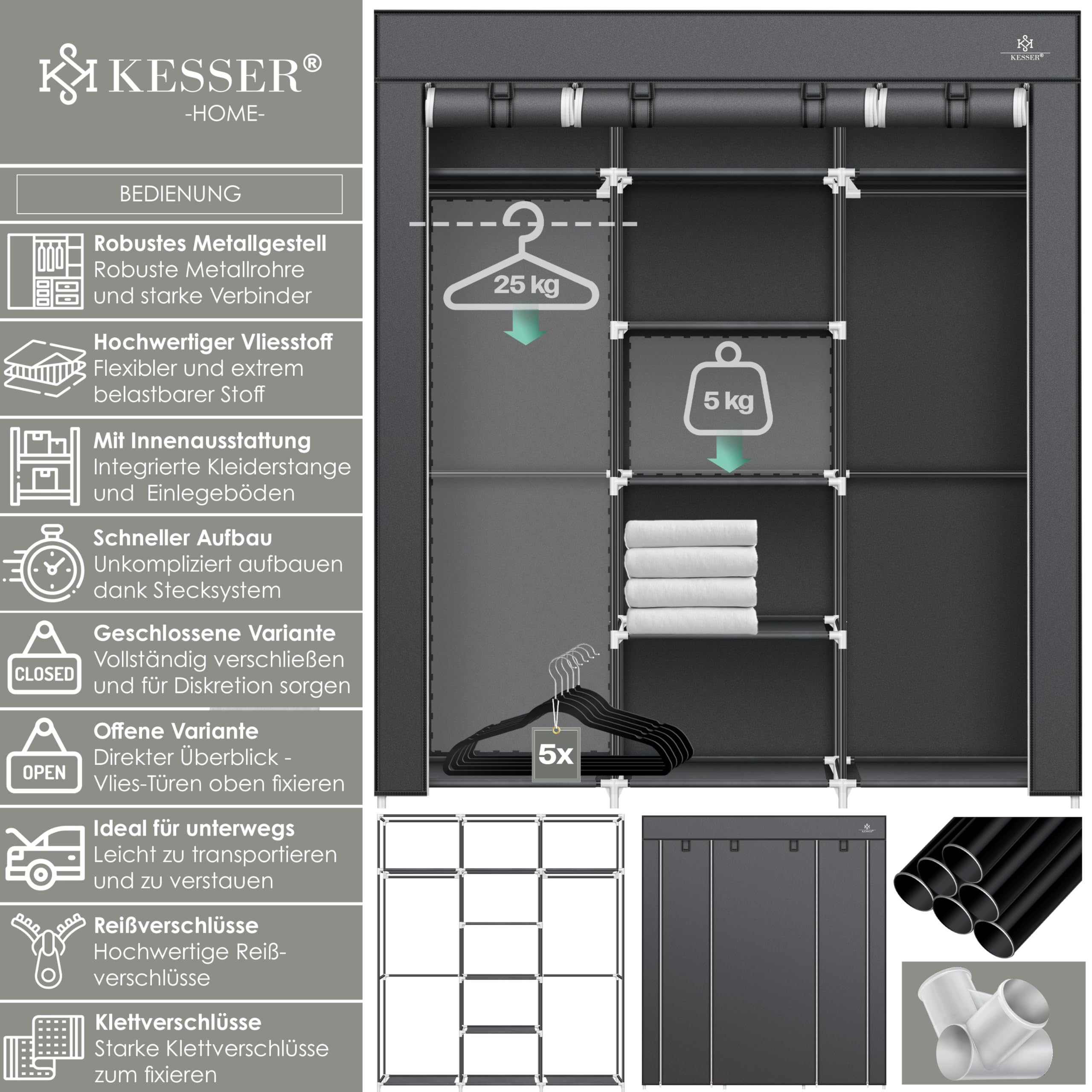 KESSER® Kleiderschrank Stoffschrank Stabil mit Kleiderstange & Ablagen, Inkl. 5X Kleiderbügel, Stoff Faltschrank für Schlafzimmer, Ankleidezimmer Garderobe mit Kleiderständer 150x45x175cm Anthrazit