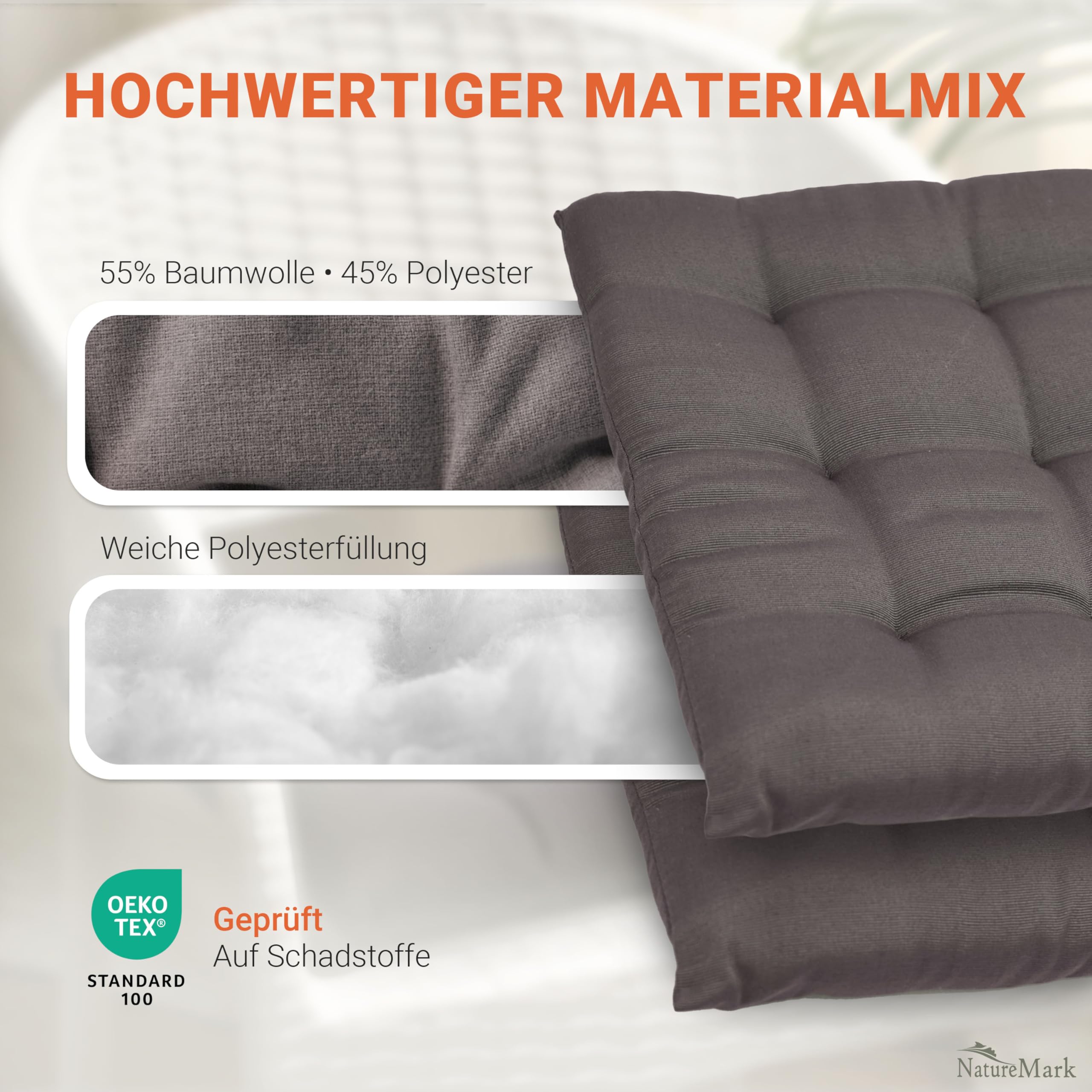 NatureMark 4er Set Stuhlkissen mit Bändern 40x40 cm – Gefüllte Sitzkissen, Outdoor & Indoor – Anthrazit Grau