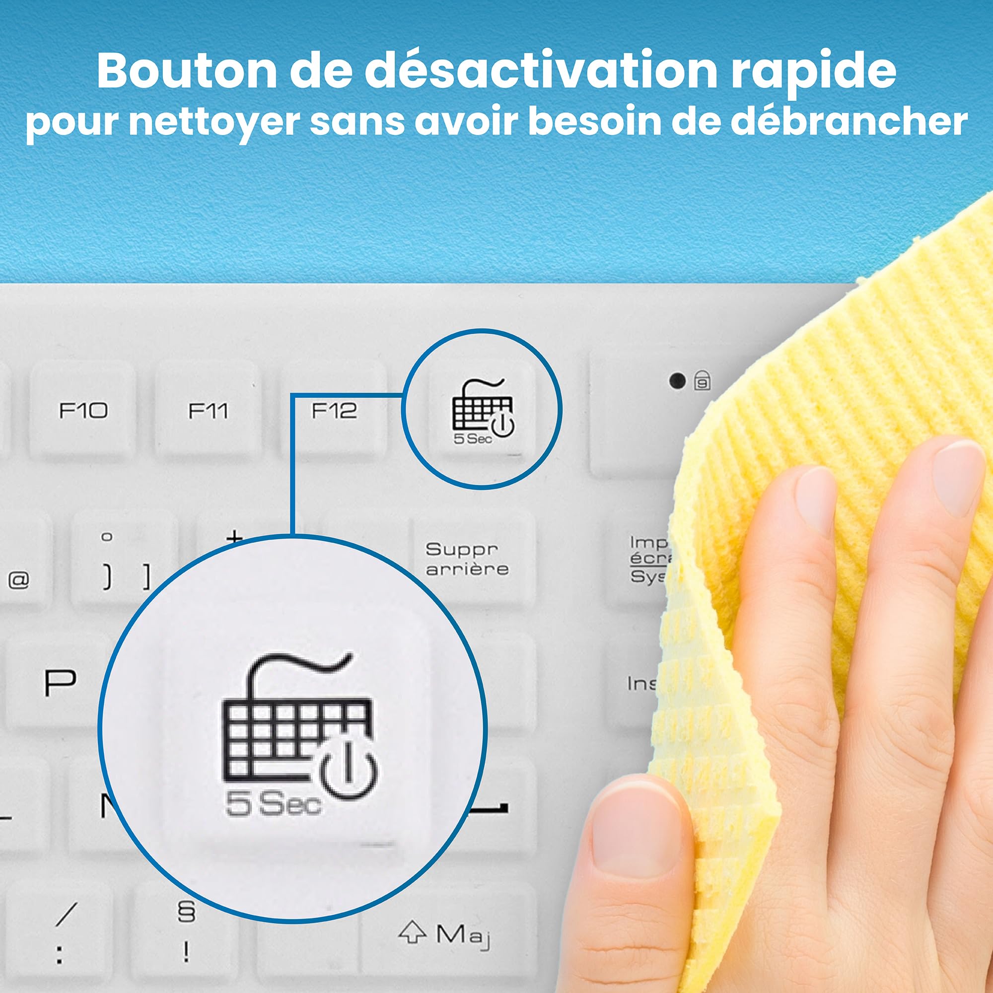 T'nB - Clavier Filaire Médical 100% Etanche certifié IP68, Résiste à l'eau et à la Poussière, Rétroéclairé, Layout Français AZERTY, Revêtement Silicone Facilement Nettoyable, Antibactérien- Blanc