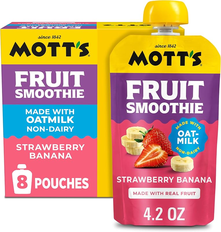 Mott's Fruit Smoothies Strawberry Banana, bolsas transparentes de 4.2 oz, paquete de 8, no lácteos, elaborado con leche de avena, elaborado con fruta real, buena fuente de calcio, para llevar