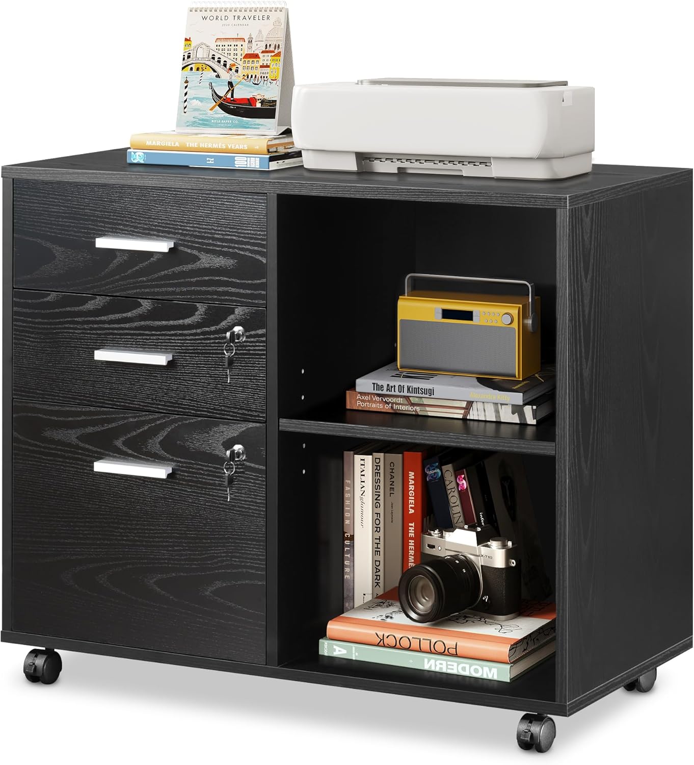 DEVAISE Carrello Portadocumenti 3 Cassetti con Piano Legno, Mobile Ufficio con Stampante, Retro, Nero