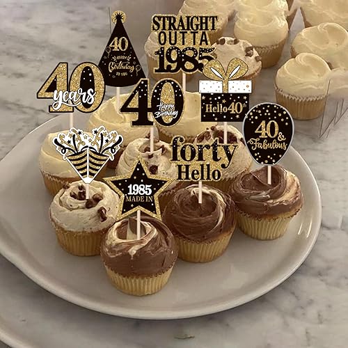 Miniatura 5 de 36 piezas de decoración para cupcakes de feliz cumpleaños 40 de doble cara negro dorado cuarenta y hola 40 rectos para decorar cupcakes 40 fabulosas