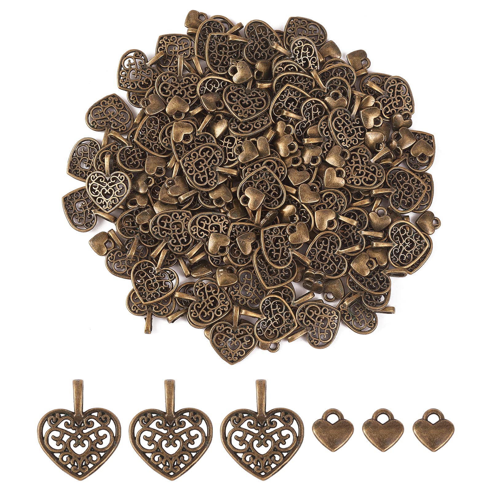 BEEFLYING 200 Pieces 2 Styles Tibetan Style Alloy Charms Heart Shape Pendants Antique Bronze Dangle Charms for Necklaces Bracelets Jewelry Making Crafts Supplies