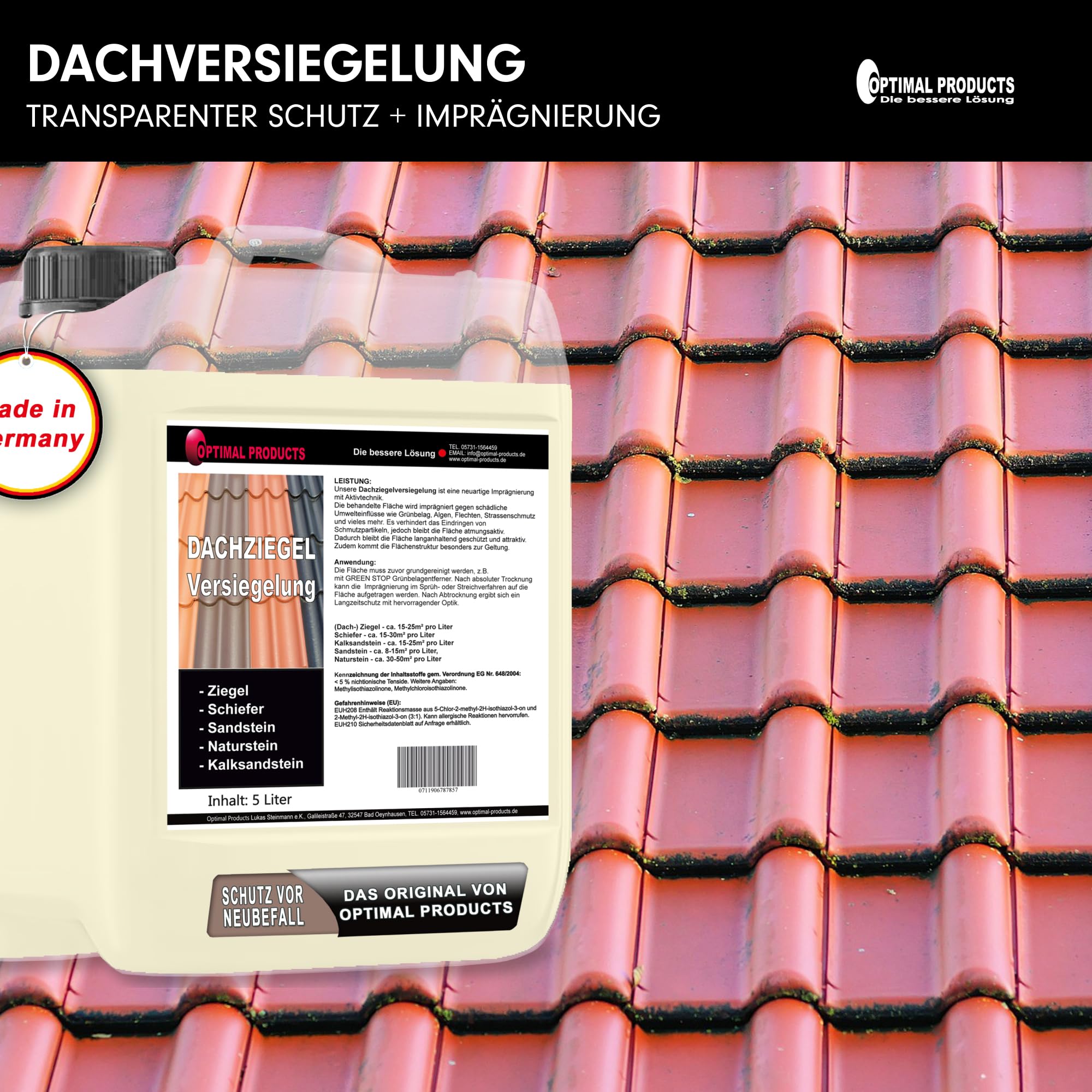 Optimal Products Dachversiegelung/Imprägnierung | Atmungsaktive Langzeitschutz-Versiegelung mit Hydrophobierung I Mit Abperleffekt I 10 Liter Kanister