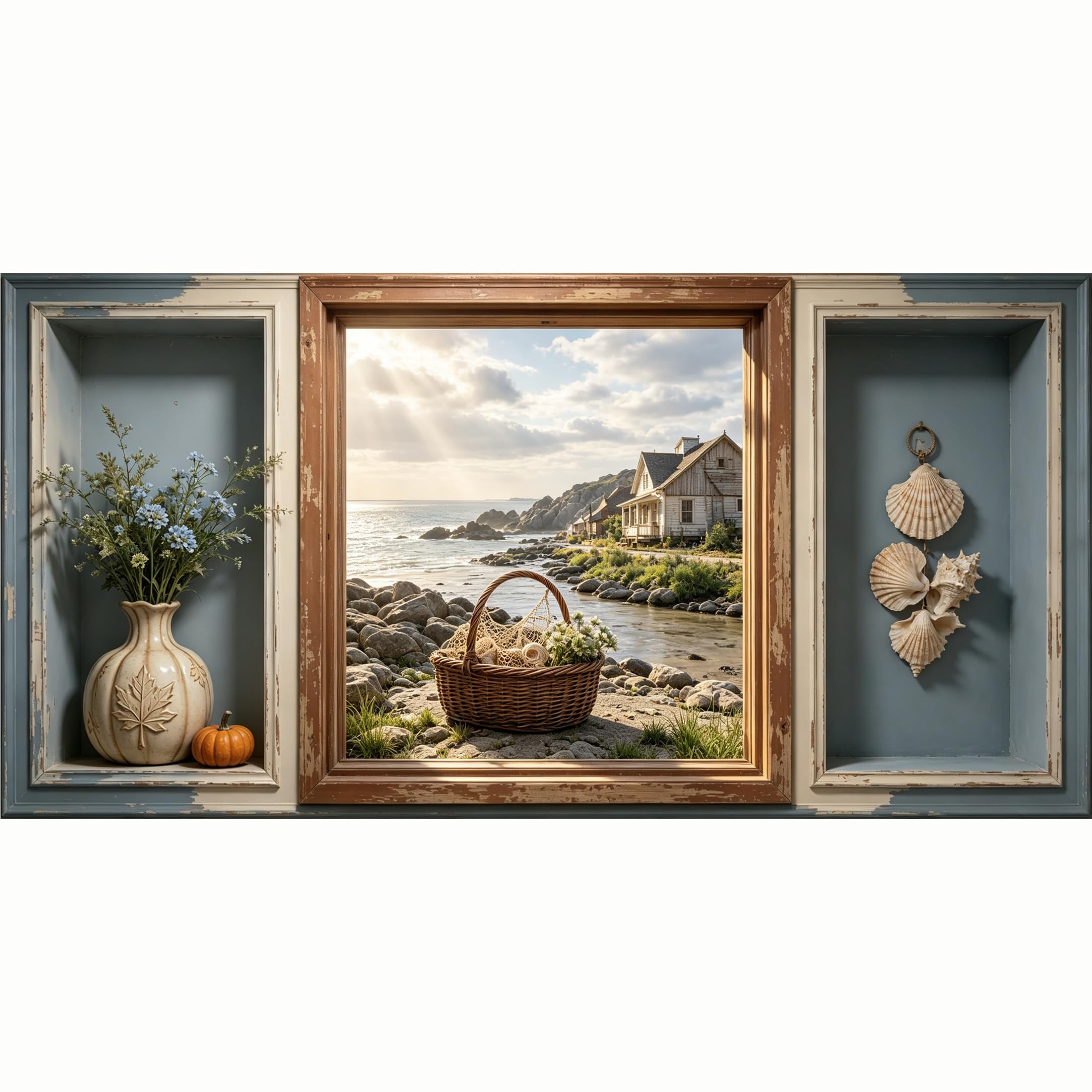 QZLITHOTIC 50x100cm 3D Framed Wall Art， Coastal Farmhouse Seaside Cottage Basket SelfAdhesive Mural， WaterActivated Peel & Stick Fabric Decor Wall Decal for Bedroom Living Room