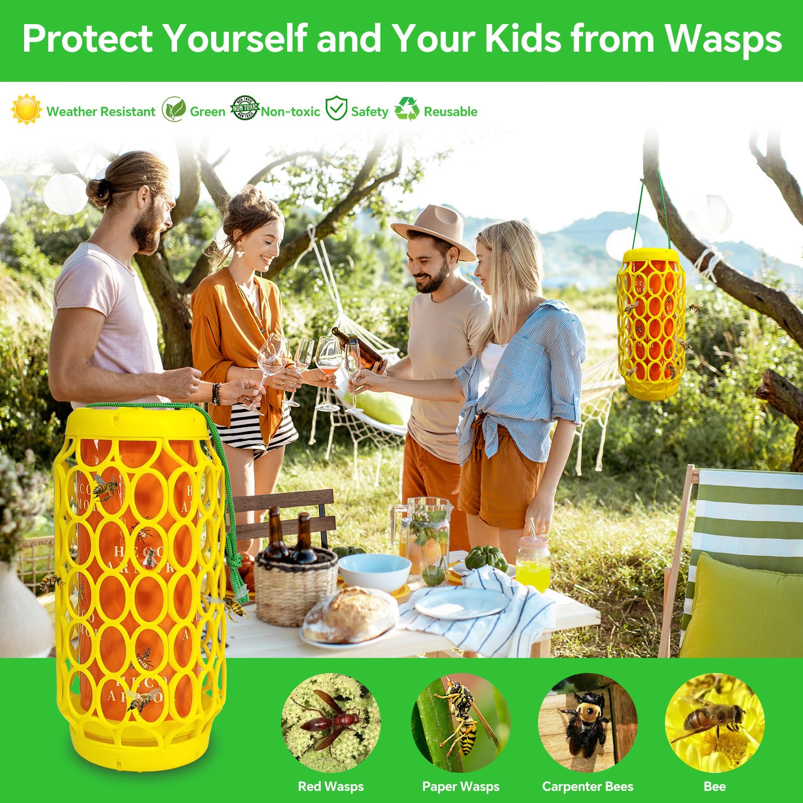 Lot de 2 pièges à guêpes d'extérieur à suspendre, pièges à guêpes pour terrasse avec plateau à miel, piège à abeilles, piège à abeilles, piège à insectes collant pour l'extérieur