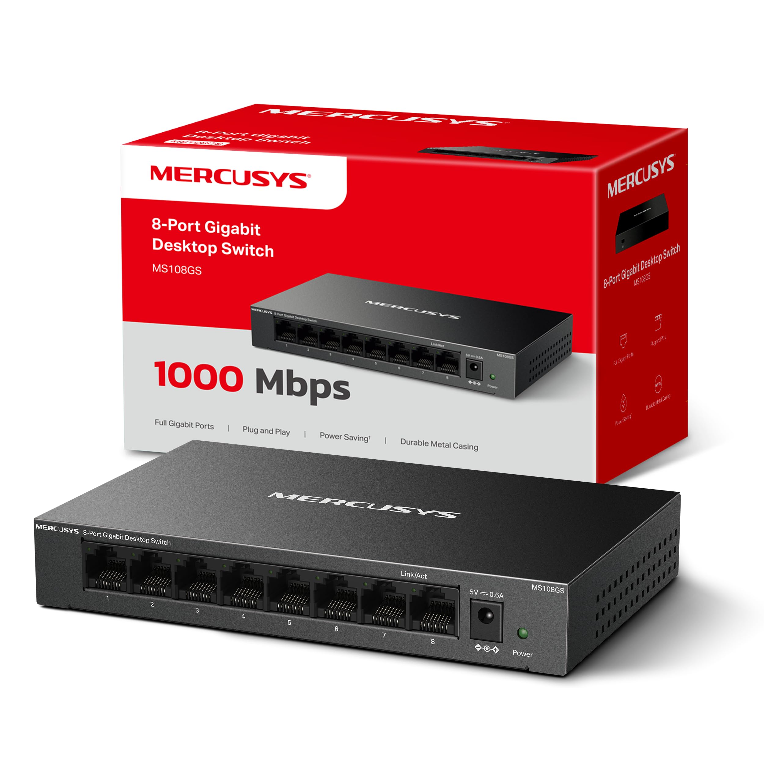 Mercusys MS108GS - Switch Gigabit de 8 Puertos, Caja de Metal Duradero, Conectar y Usar, Ahorro de Energía