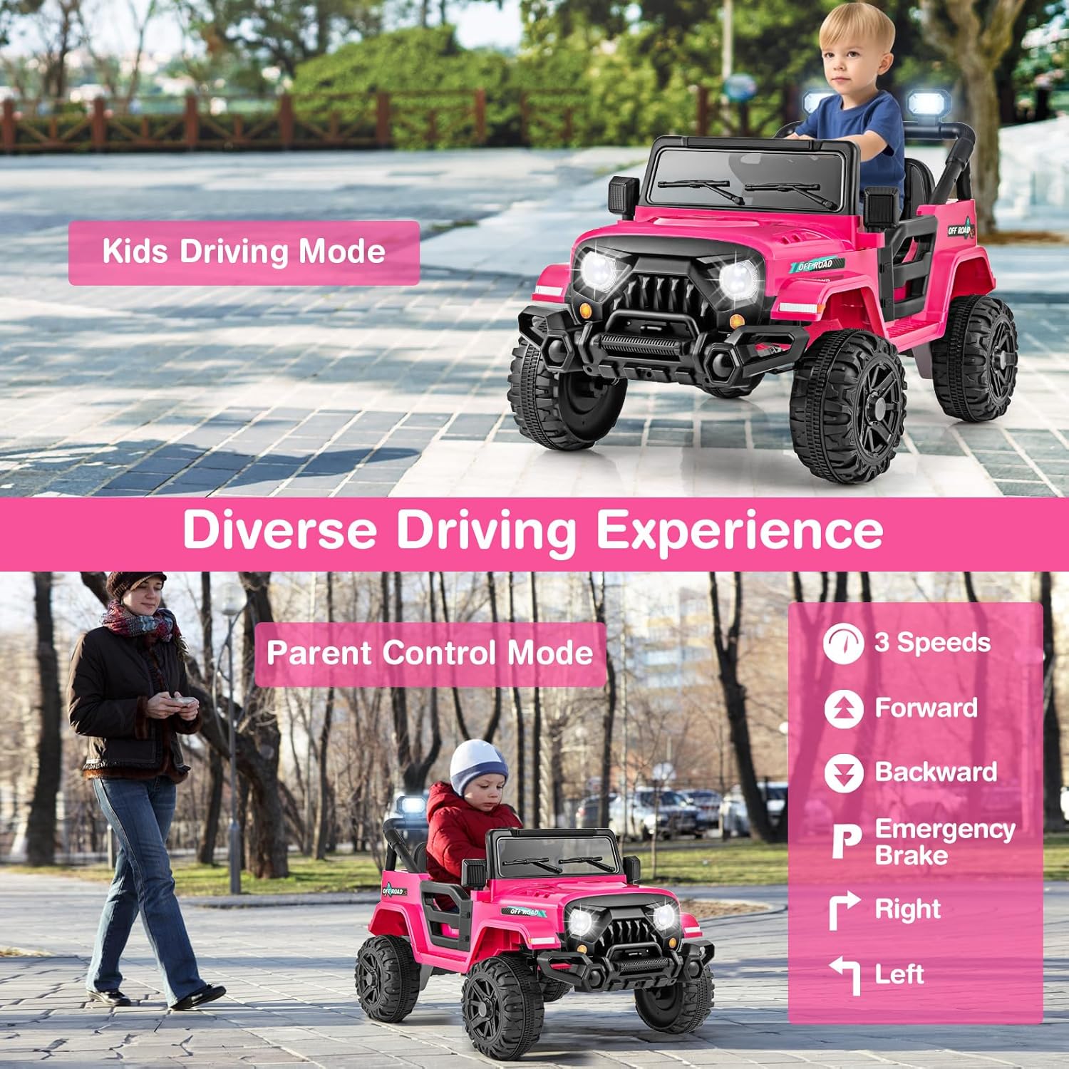 Costzon 12V Kids Ride on Truck Car, Electric Vehicle w/Remote Control, Threaded Wheels, 3 Speeds, LED Lights, Music, Horn & Wireless Connection, Ride on Toy for Boys & Girls 3+ (Hot Pink)