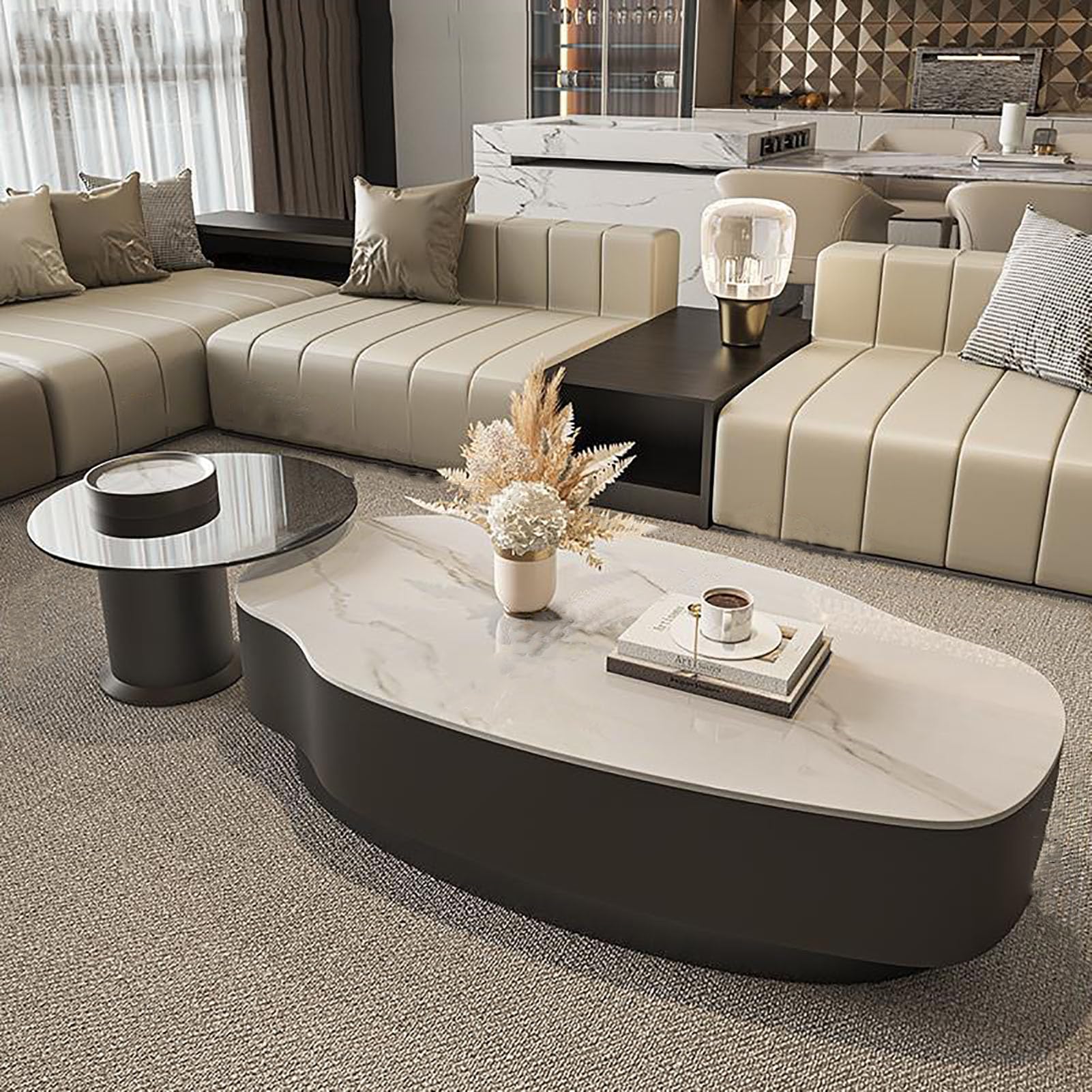 SXZenSpace Oval Coffee Table with Storage, Modern Creative Design Faux Marble Veneered Irregular Pedestal Center for Living Room Apartment,B,120cm(47")+60cm(24")