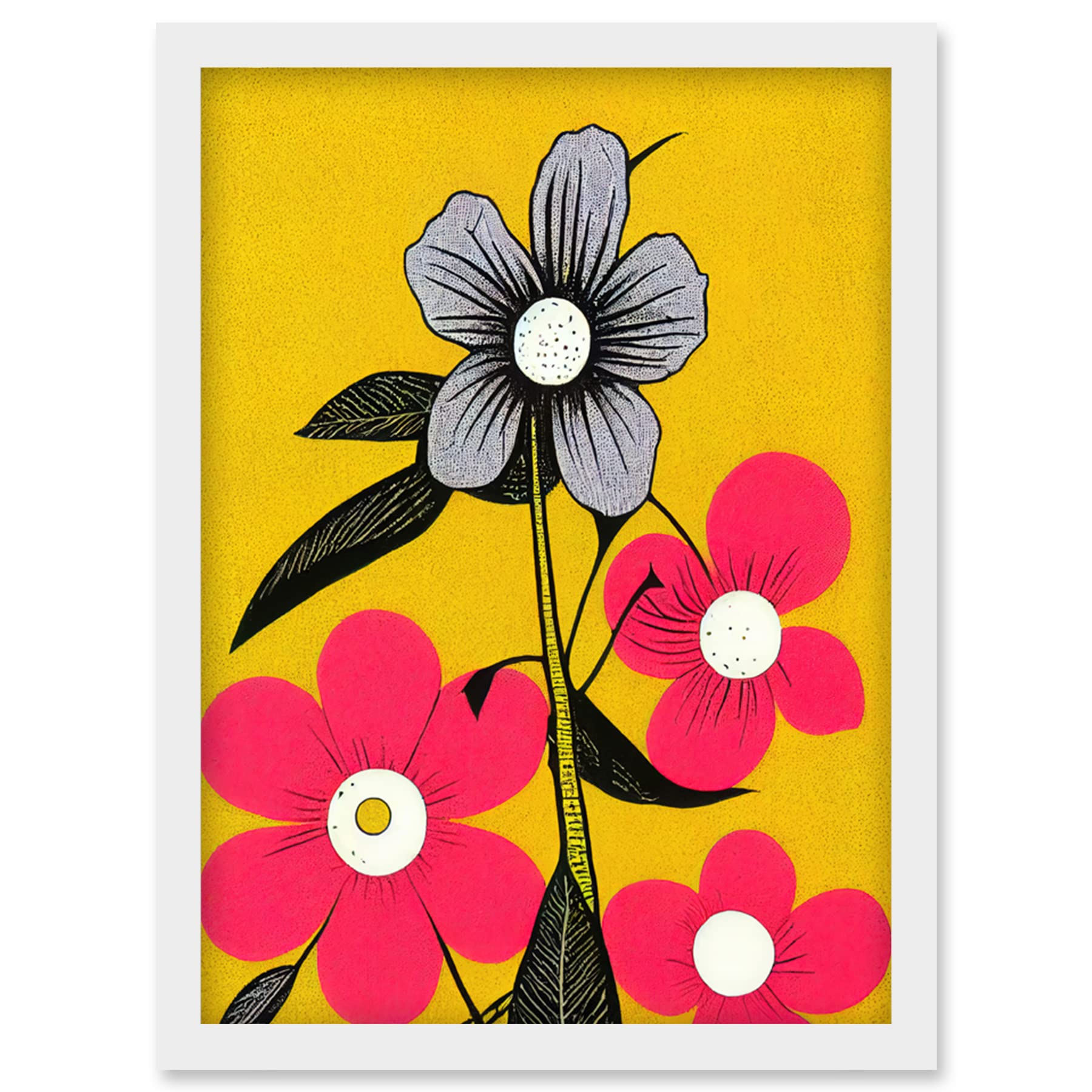Wee Blue Coo Bold Flowers Linocut Pink and Mustard Yellow Print Artwork Framed Wall Art Print A4