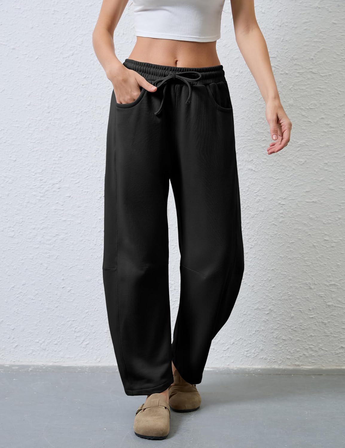 Hongsui Women's Barrel Leg Pants Elasticated Waistband Soft Wide Leg Pants with Pockets Casual Sweatpants - Image 2