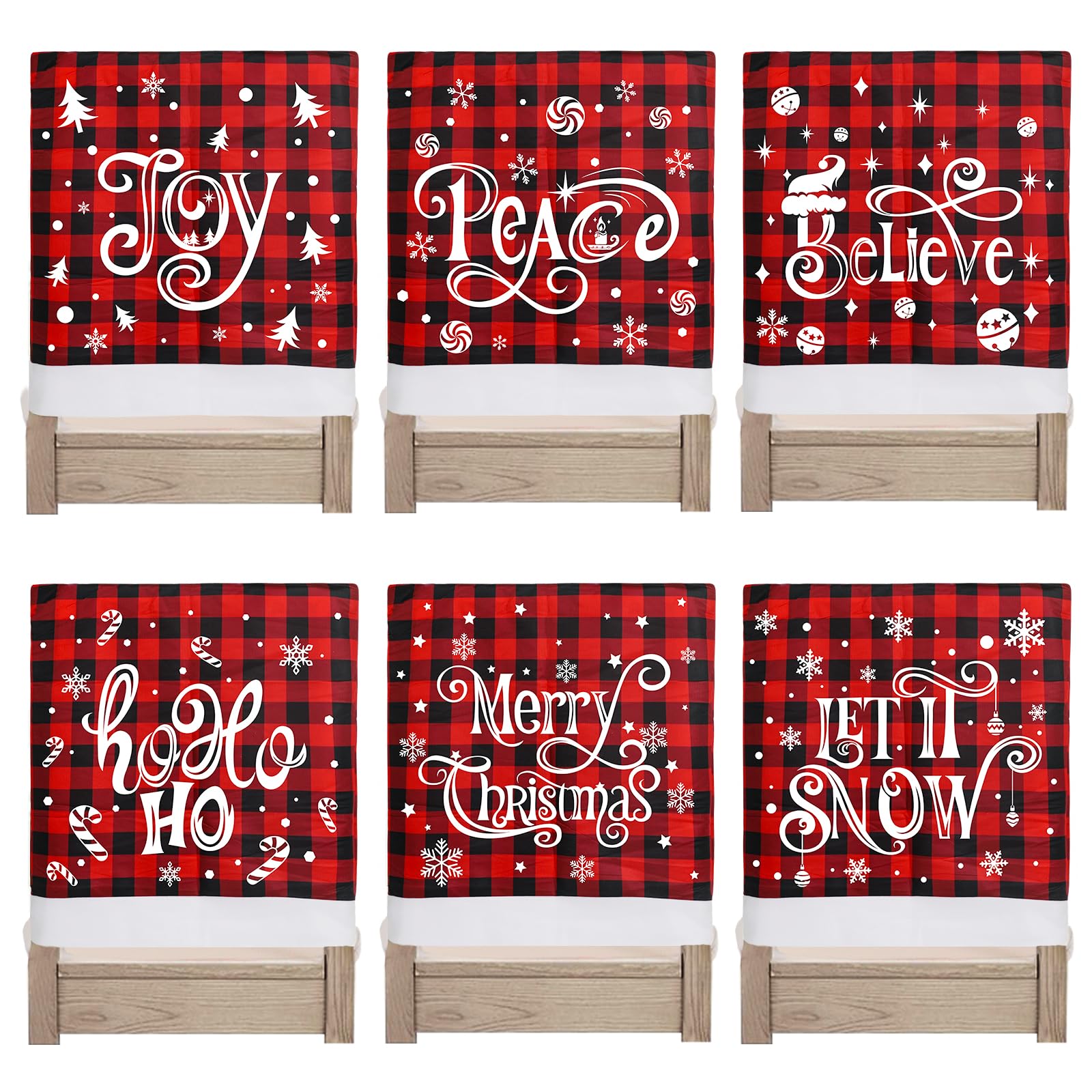 KIMOBER Juego de 6 fundas para sillas de Navidad, diseño de búfalo rojo y negro, para decoración de comedor de Navidad