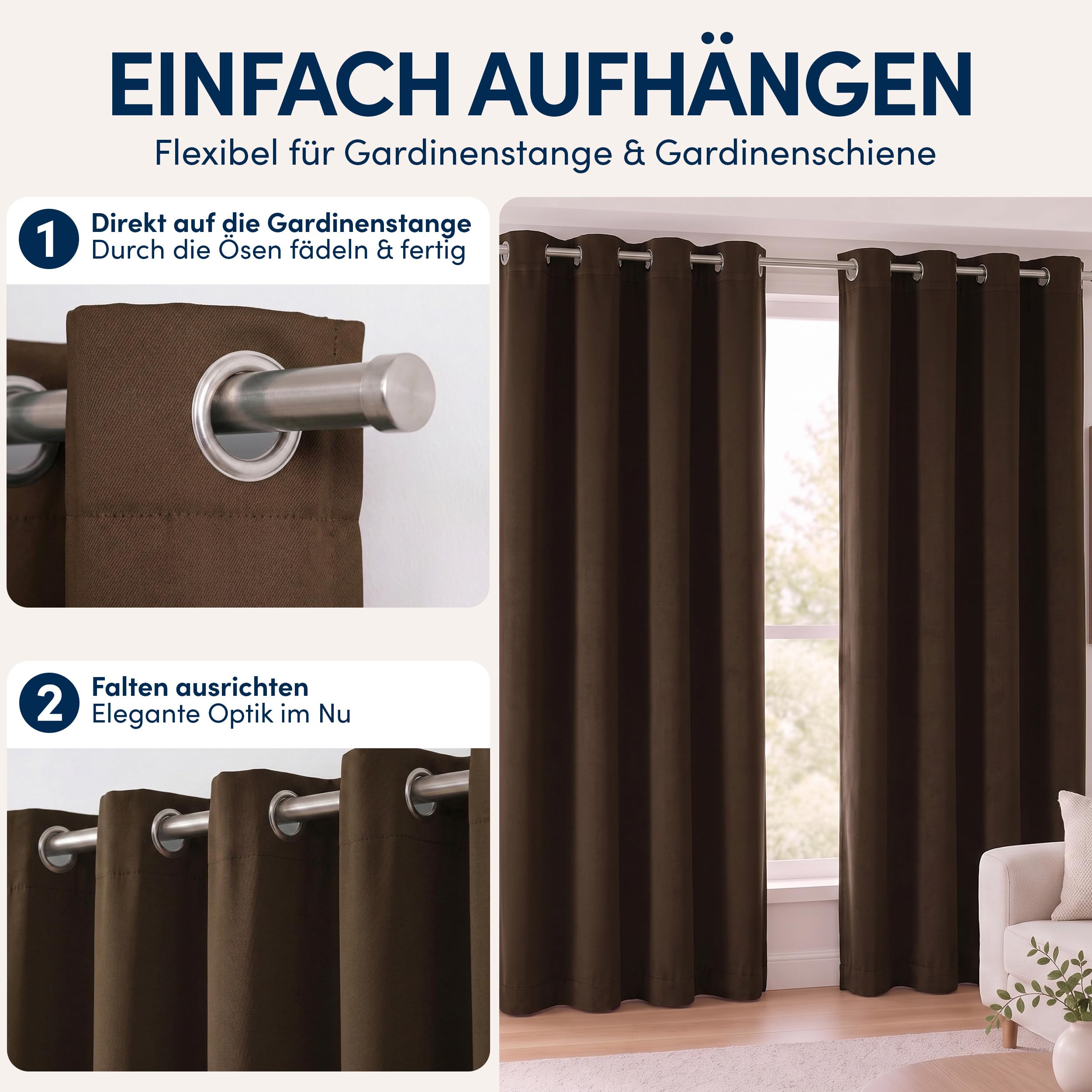 Gardine mit Ösen blickdicht - Vorhang Braun H245 x B300 cm - 1 Stück