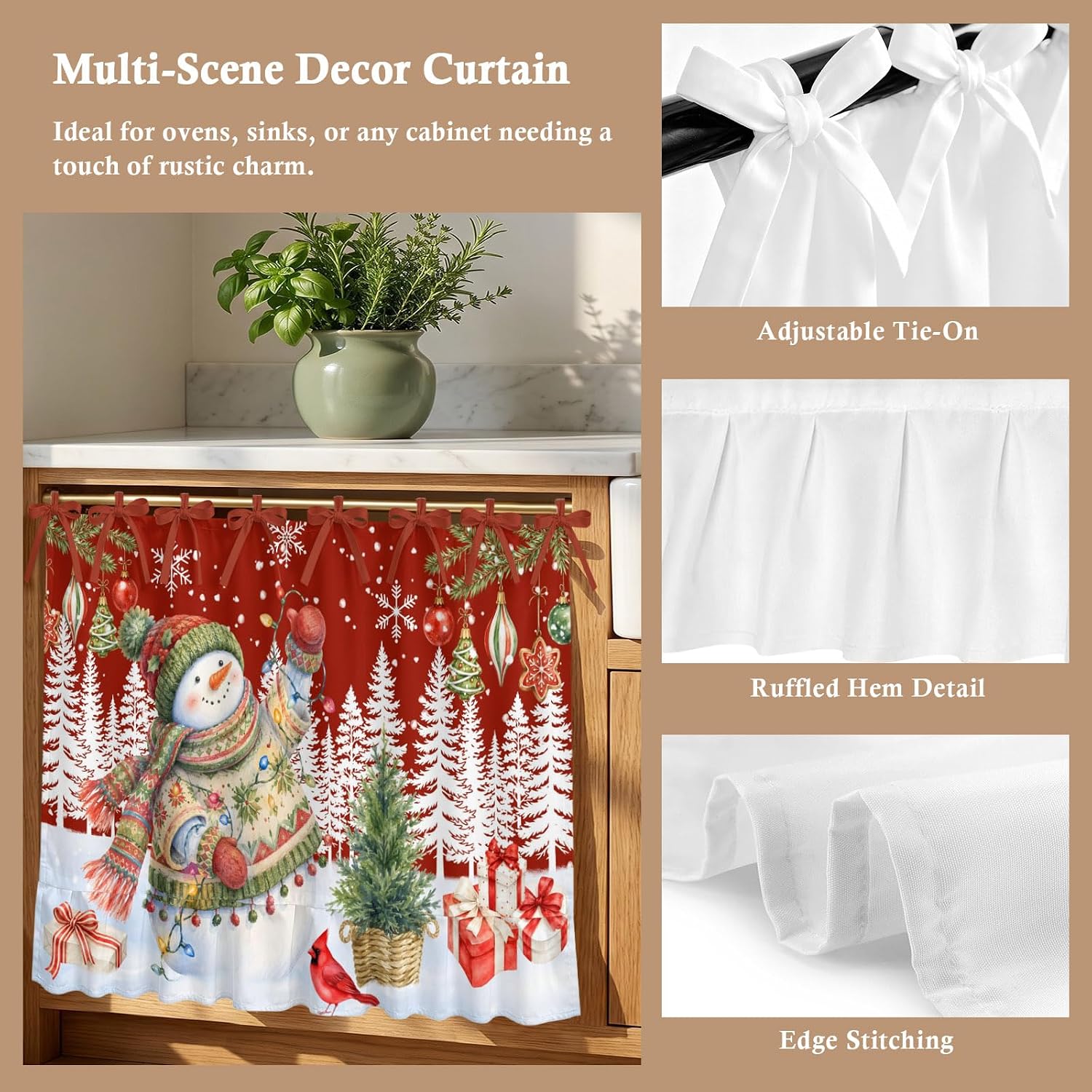Christmas Winter Oven Curtain with Tie Top, Rustic Snowman Red Cardinal Pine Trees Gift Oven Skirt Curtains with Tie Top Cabinet Cover Curtain for Small Kitchen Apartment Decor 27 x 20 Inches image 2