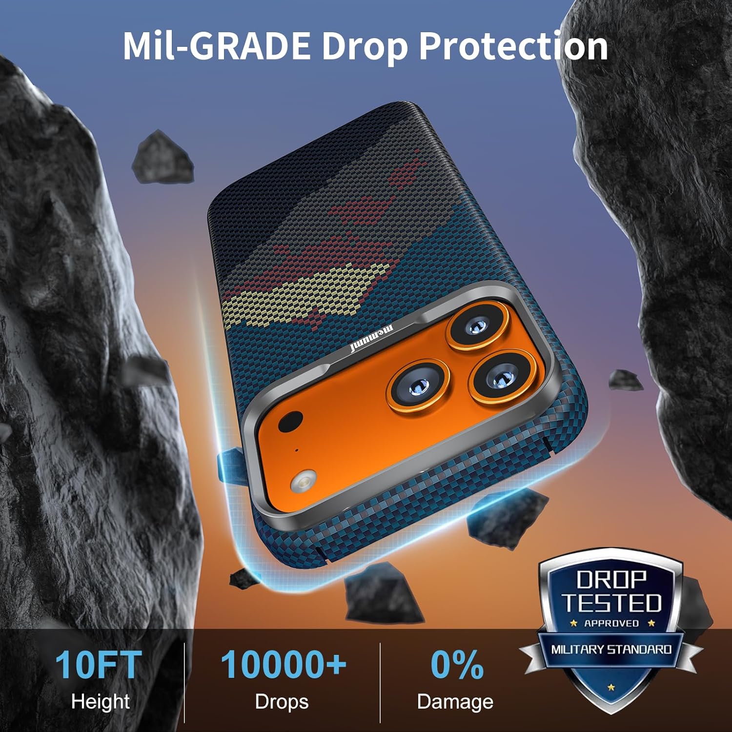 memumi Magnetic Case for iPhone 17 Pro Aramid Fiber+Tempered Glass Screen Protector, Compatible with Mag-Safe for iPhone 17 Pro Thin Case in Carbon Fiber Design, Sunlit Golden Peaks