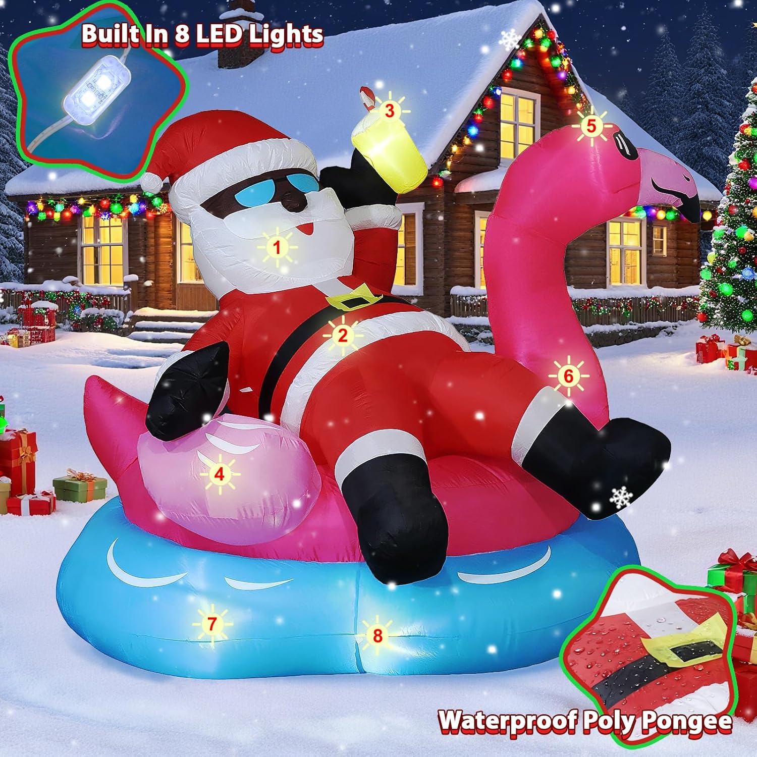 6.5FT Christmas Inflatables Outdoor Decoration – Inflatable Christmas Blow Up Featuring Santa on Flamingo Pool Float with LED Lights for Inflables De Navidad Yard Party Outdoor Indoor Décor - Image 6