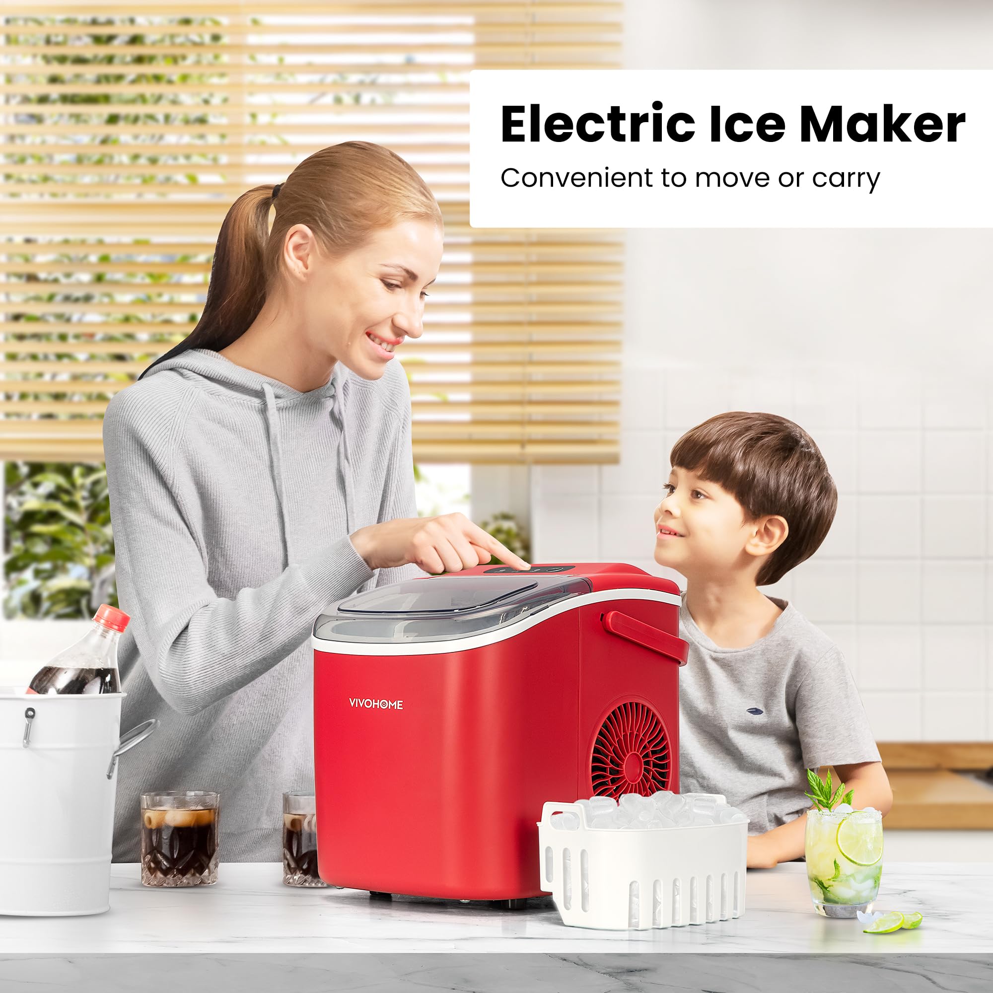 VIVOHOME Countertop Ice Maker with Handle 26lbs/Day 9 Ice Cubes in 6 Mins Portable Ice Maker Machine 10 Ice Bags and Self Cleaning Ice Cube Maker Red on Fridge.com