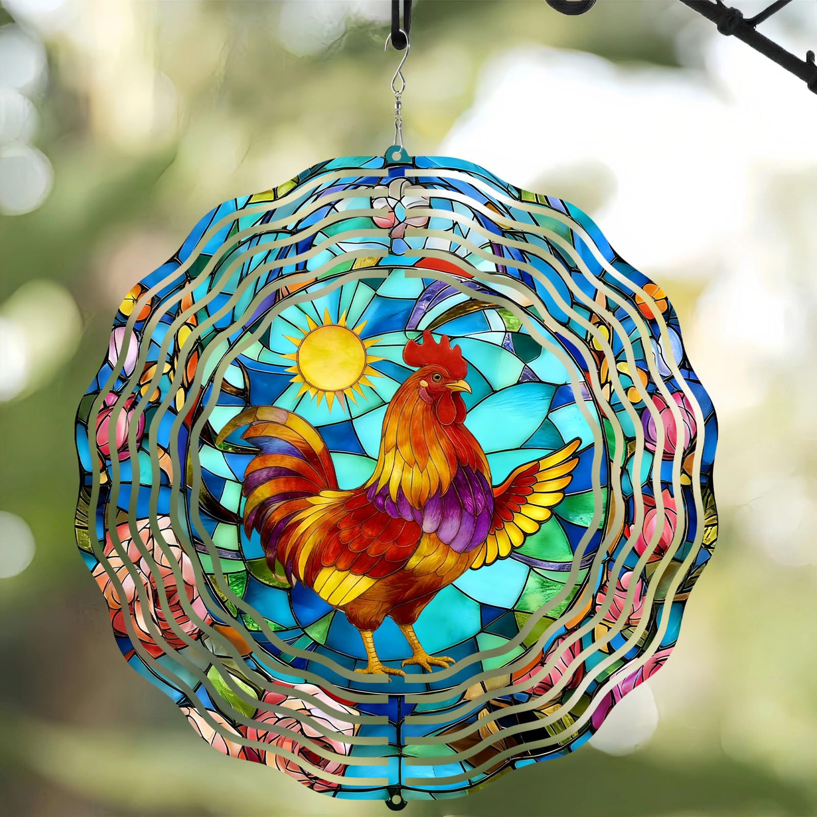 10 Inch Rooster Wind Spinner, 3D Stainless Steel Hanging Kinetic Wind Sculpture for Home Garden Yard Art Lawn Balcony Window Porch Outdoor Indoor Decor
